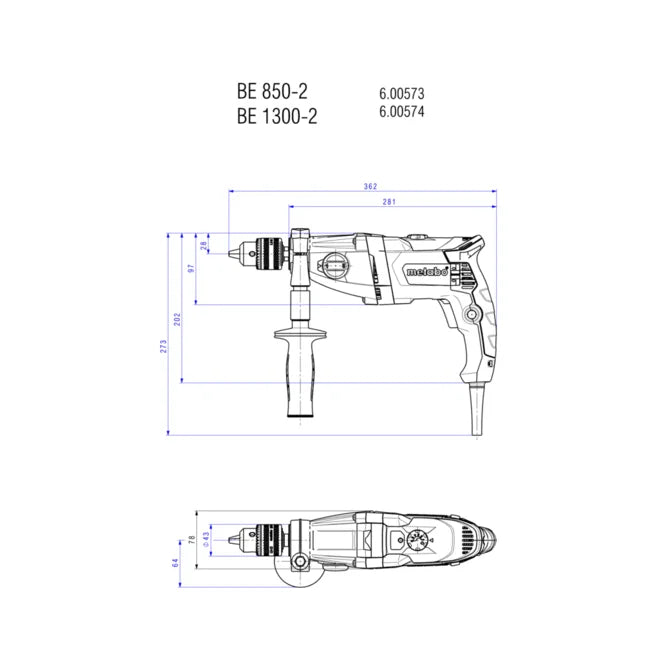 Metabo 600574420 BEV 1300-2 1/2" 2-Speed Drill - 0-1100/0-3,100 RPM - 9.6 AMP - Ace Tool Group - Metabo