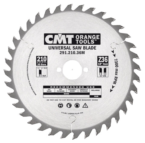 CMT 291.210.36M General Purpose Saw Blade, 8-1/4-Inch X 36 Teeth 15¼ ATB with 30mm Bore - Ace Tool Group - CMT