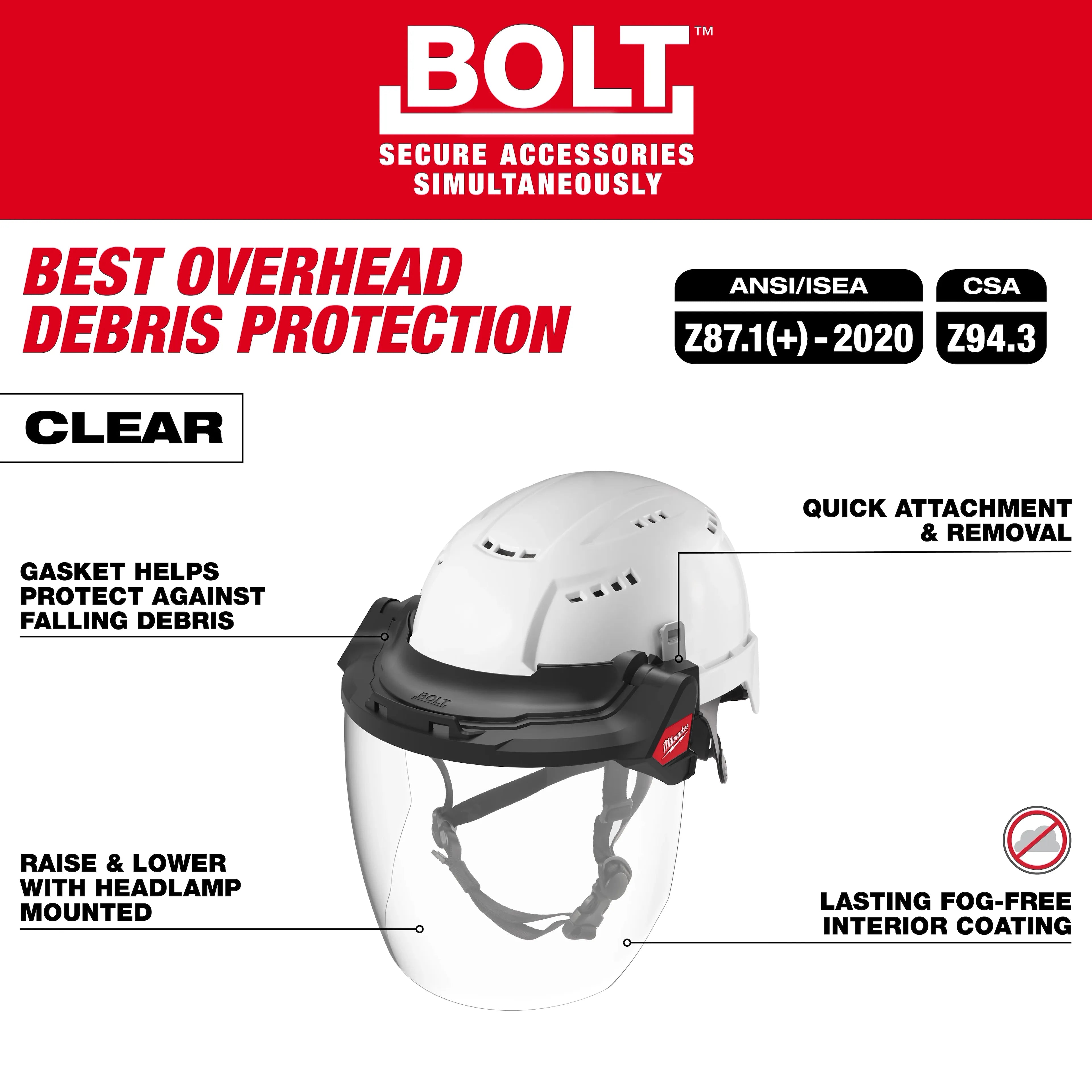 BOLT Gasketed Full Face Shield - Clear Dual Coat Lens (Compatible with Milwaukee 48-73-1422 ® BOLT Safety Helmets & BOLT Hard Hats) - Ace Tool Group - Milwaukee