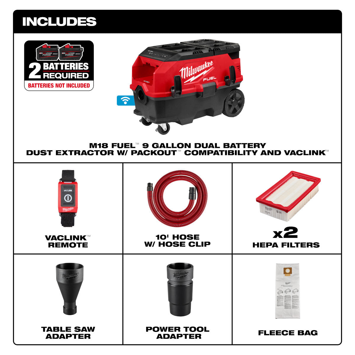 M18 FUEL 9 Gallon Dual Battery Dust Extractor w/ PACKOUT Compatibility and VACLINK - Ace Tool Group - Milwaukee