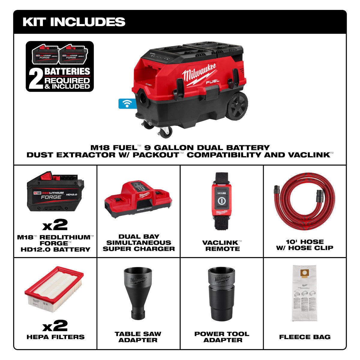 M18 FUEL 9 Gallon Dual Battery Dust Extractor w/ PACKOUT Compatibility and VACLINK Kit - Ace Tool Group - Milwaukee
