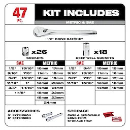 Milwaukee 48-22-9010 47 pc 1/2" Socket Wrench Set - SAE & Metric - Ace Tool Group - Milwaukee