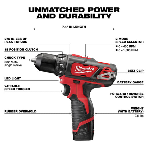 Milwaukee 2407-22 M12 3/8" DRILL/DRIVER KIT