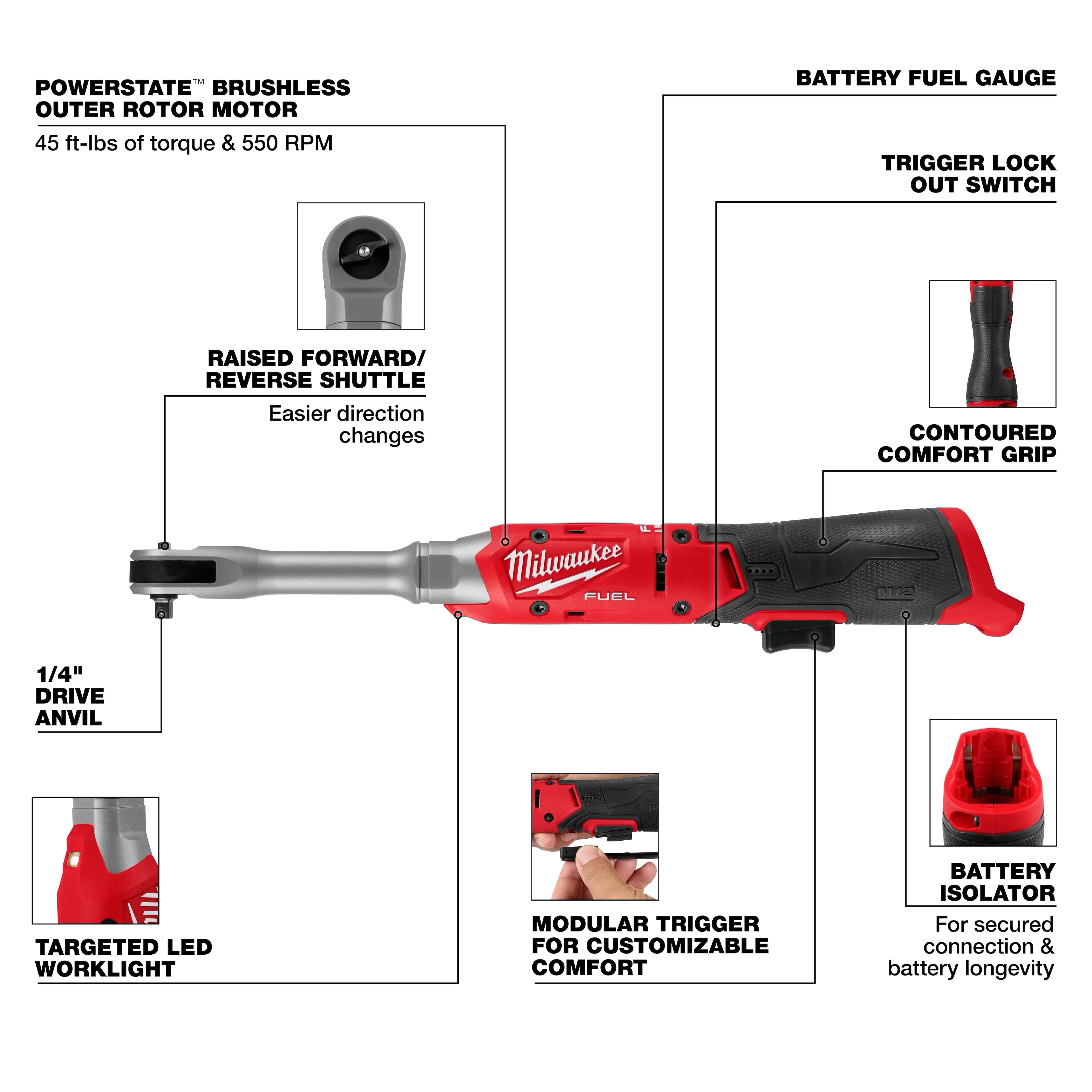 Milwaukee 3058-20 M12 FUEL 1/4" EXTENDED REACH RATCHET BT
