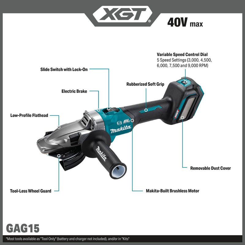 Makita GAG15Z 40V max XGT Brushless Cordless 5" Slide Switch Flathead Grinder, Variable Speed, with Electric Brake, Tool Only