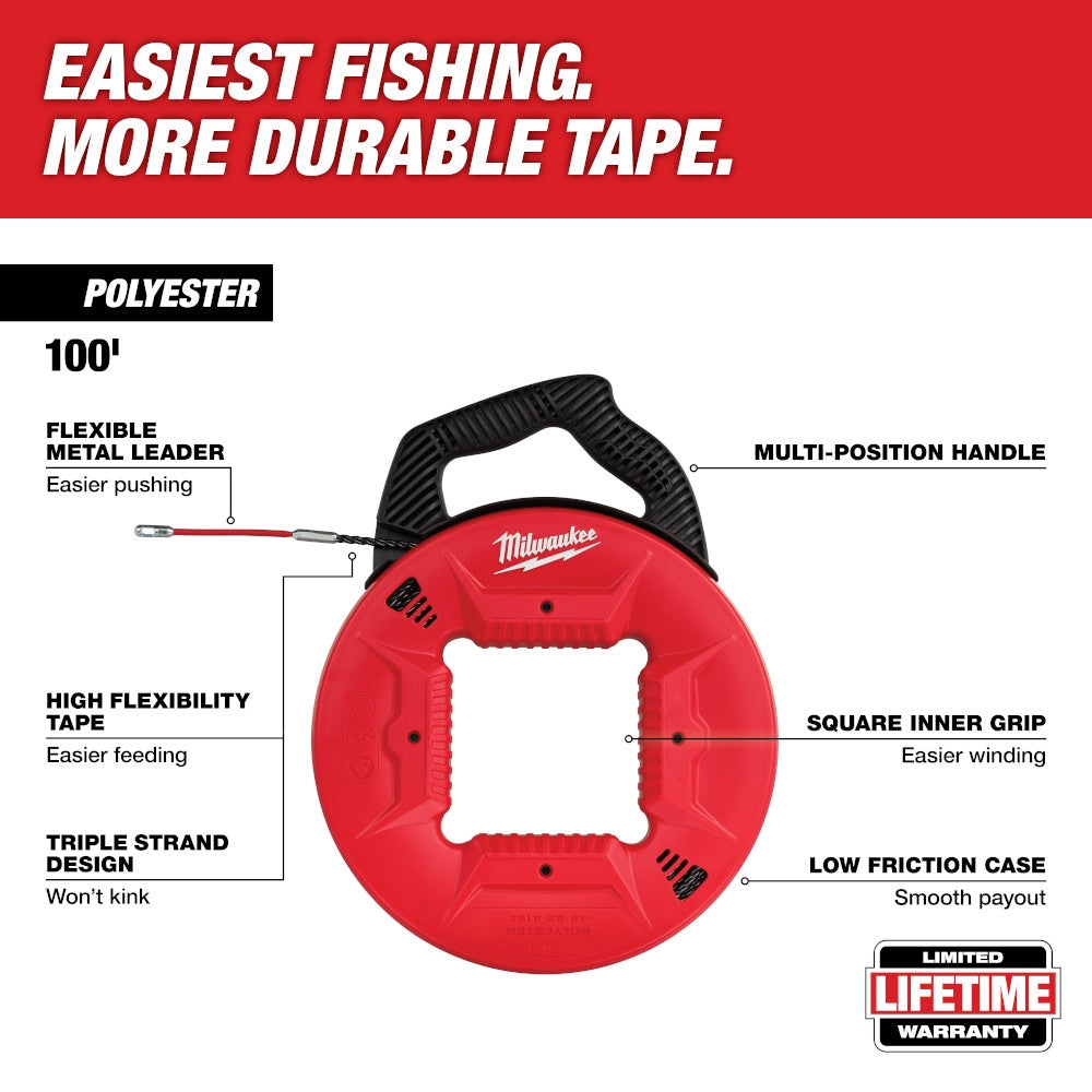 Milwaukee 48-22-4195 100' Polyester Fish Tape w/ Flexible Metal Leader - Ace Tool Group - Milwaukee