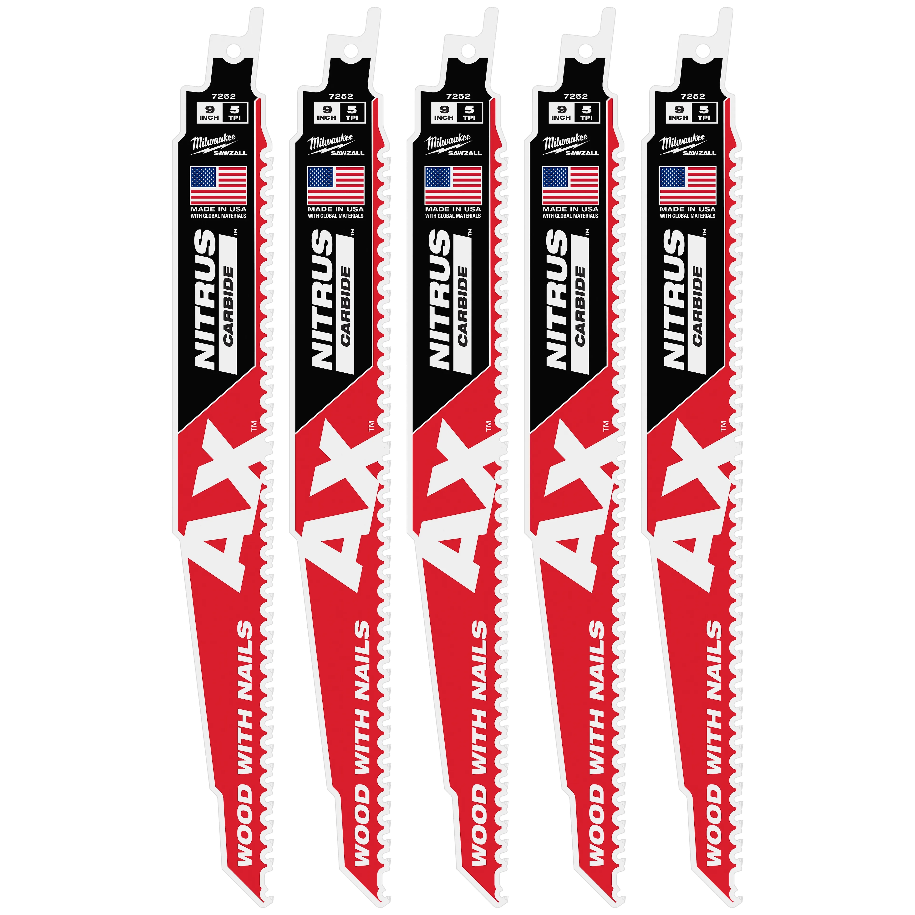Milwaukee 48-00-7552 9" 5 TPI AX™ w/NITRUS™ Carbide Teeth SAWZALL® Blade for Wood with Nails 5PK - Ace Tool Group - Milwaukee