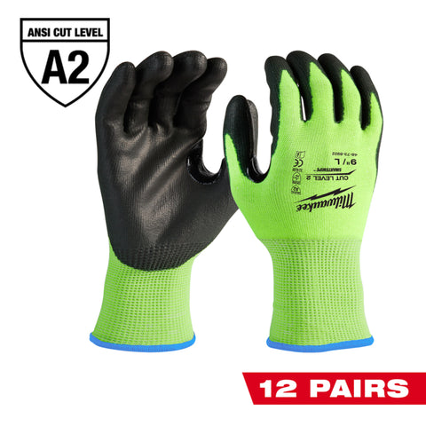 Milwaukee 12 Pack High-Visibility Cut Level 2 Polyurethane Dipped Gloves - Ace Tool Group - Milwaukee