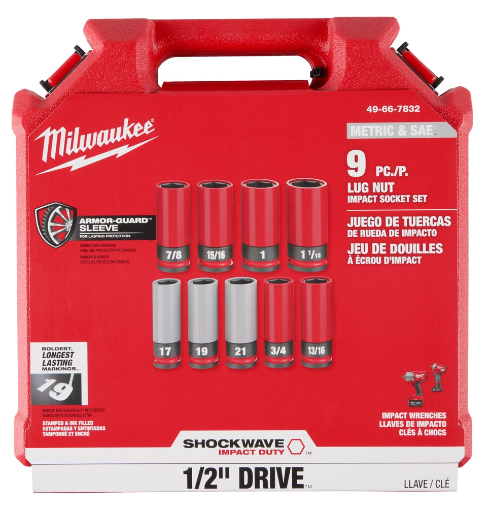 Milwaukee 49-66-7832 SHOCKWAVE Impact Duty 1/2 Drive SAE & Metric 9PC Lug Nut Wheel Socket Set - Ace Tool Group - Milwaukee