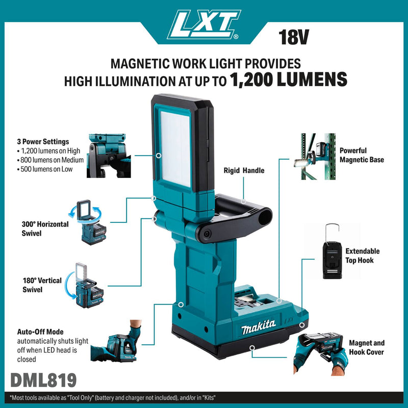 Makita DML819 18V LXT Lithium-Ion L.E.D. Magnetic Work Light, Light Only