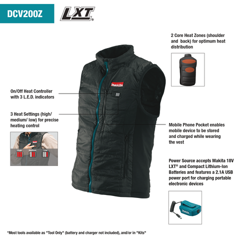 Makita DCV200Z 18V LXT Lithium-Ion Cordless Heated Vest (Vest Only), Black - Ace Tool Group - Makita
