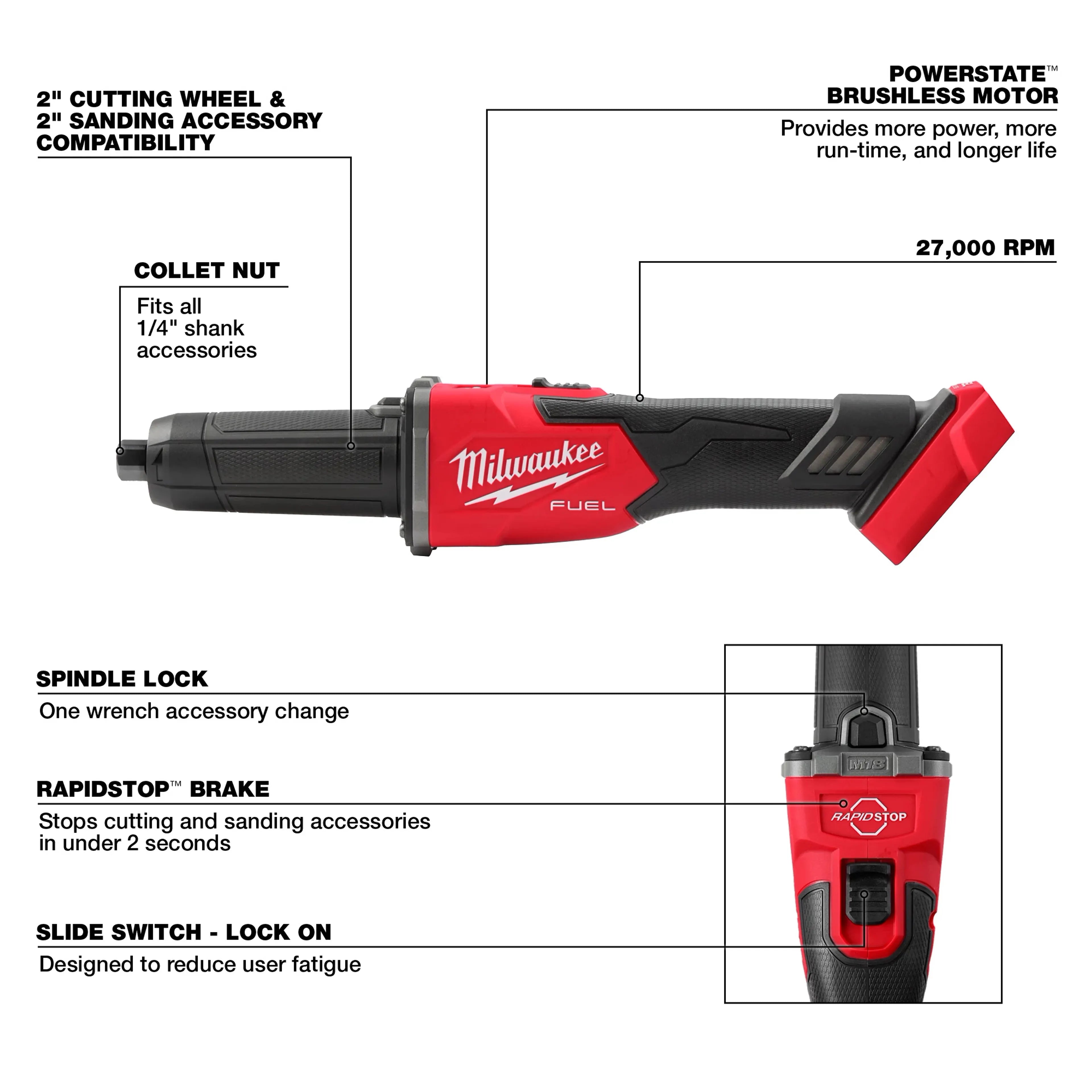Milwaukee 2939-20 M18 Fuel Braking Die Grinder, Slide Switch - Ace Tool Group - Milwaukee