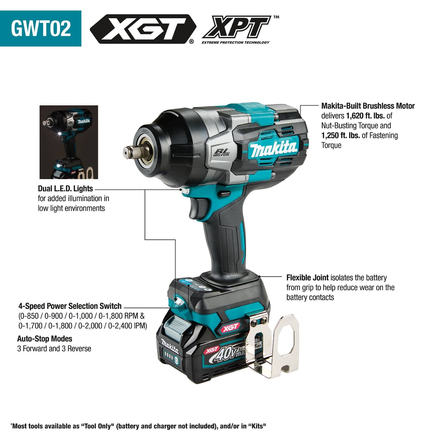 Makita GWT02D 40V max XGT High-Torque 1/2" Sq. Drive Impact Wrench Kit - Ace Tool Group - Makita