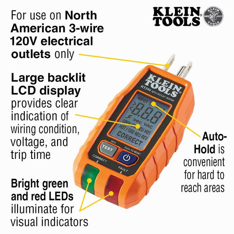Klein Tools RT250 GFCI Receptacle Tester with LCD - Ace Tool Group - Klein