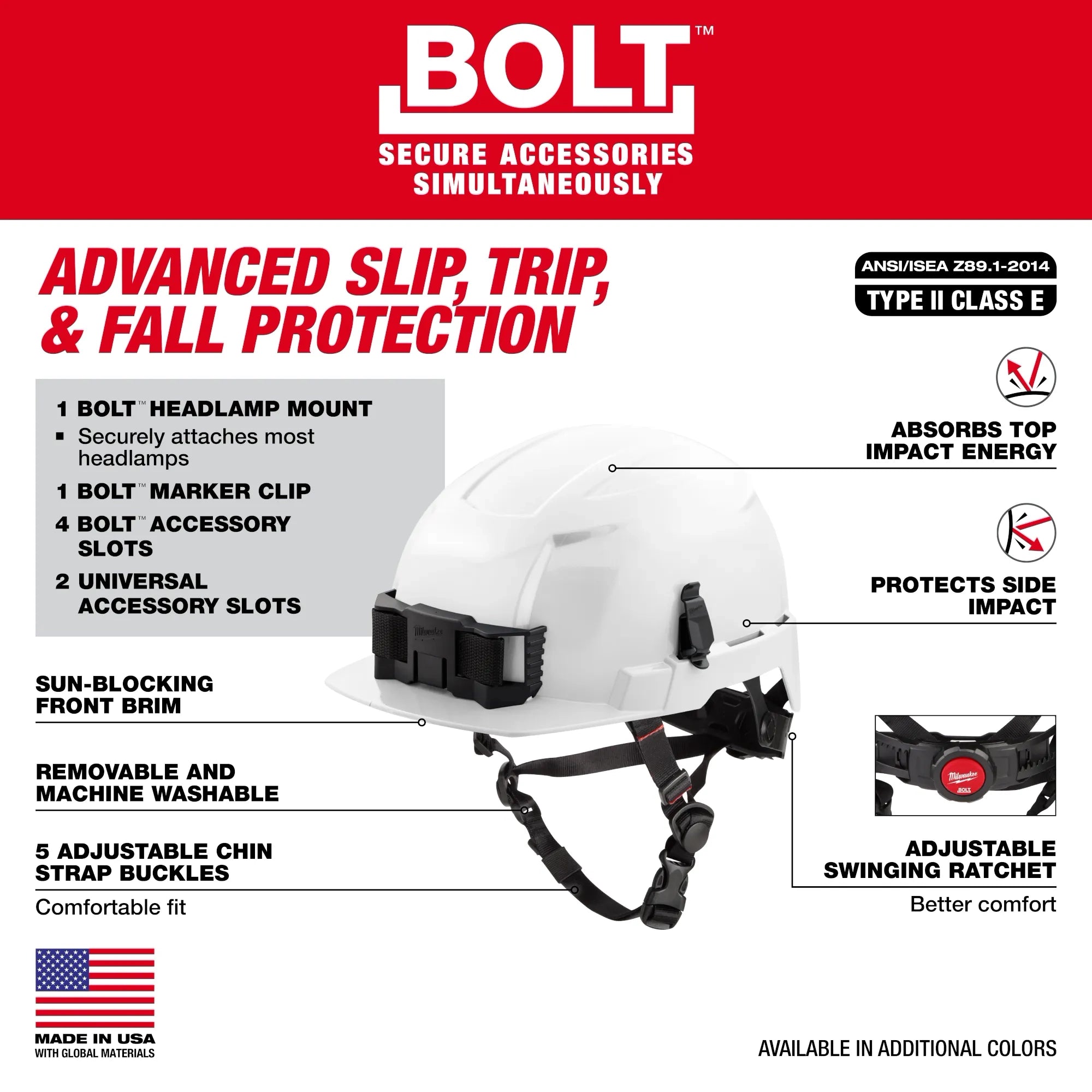 Milwaukee 48-73-1367 BOLT Yellow Front Brim Safety Helmet with IMPACT ARMOR Liner (USA) - Type 2, Class E - Ace Tool Group - Milwaukee