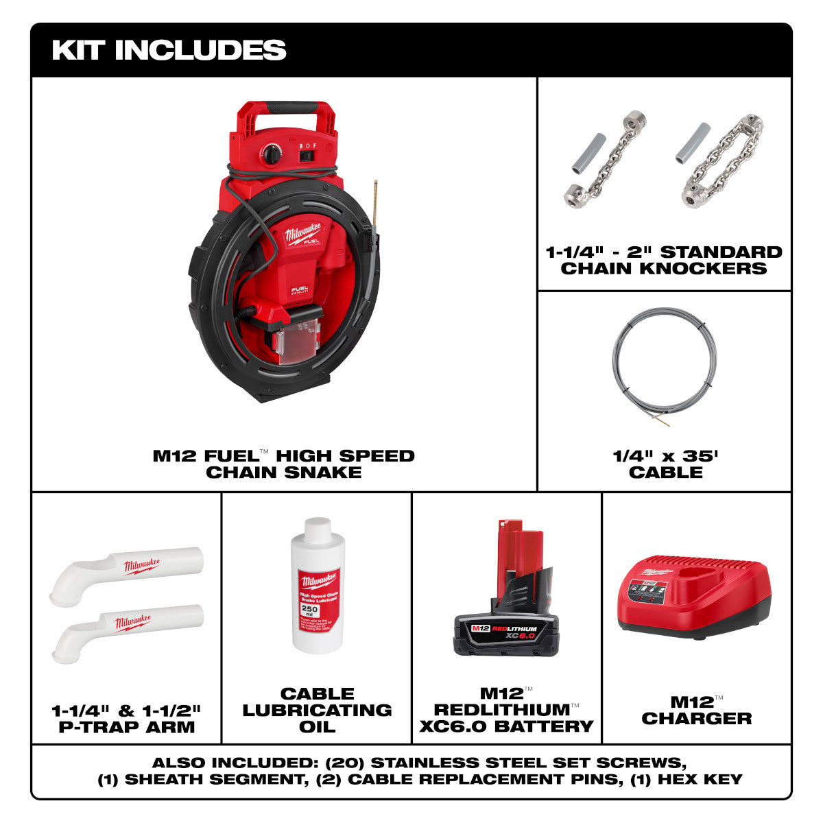 M12 FUEL High Speed Chain Snake for 1-1/4-2 Pipes - Ace Tool Group - Milwaukee