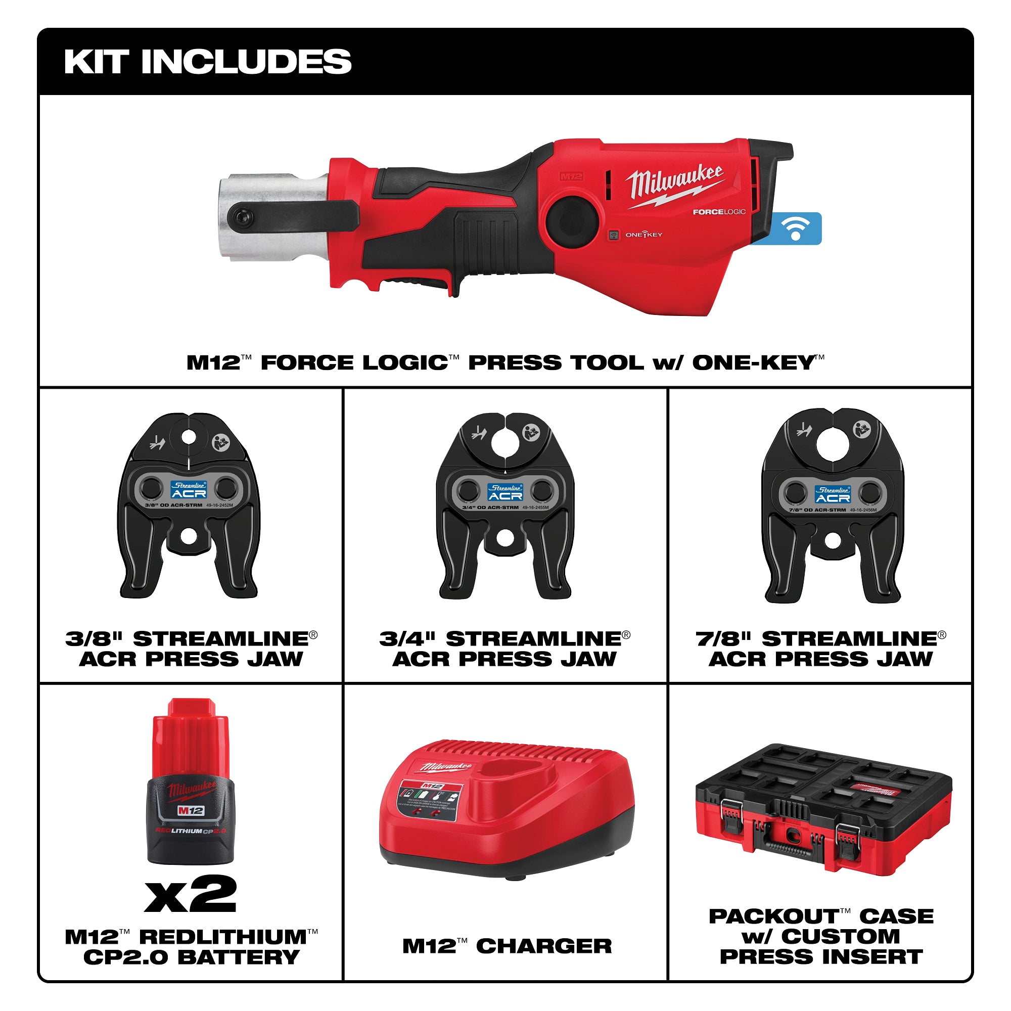 Milwaukee 2573-22M M12™ FORCE LOGIC™ Press Tool Kit w/ ONE KEY™ with 3/8", 3/4", & 7/8" Streamline® ACR Press Jaws