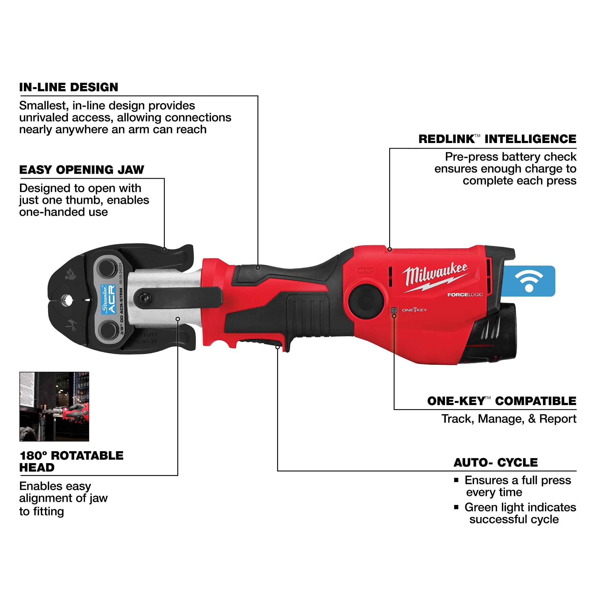 Milwaukee 2573-22M M12™ FORCE LOGIC™ Press Tool Kit w/ ONE KEY™ with 3/8", 3/4", & 7/8" Streamline® ACR Press Jaws
