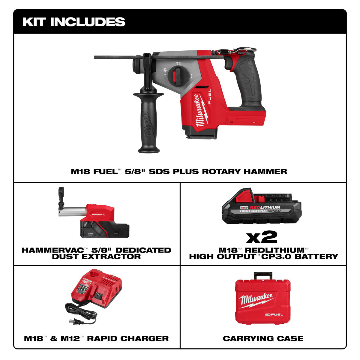 M18 FUEL 5/8" SDS Plus Rotary Hammer w/ Dust Extractor Kit - Ace Tool Group - Milwaukee