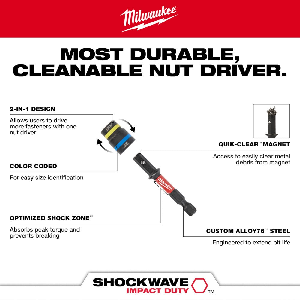 Milwaukee SHOCKWAVE Impact Duty5/16 and 3/8 x 2-1/2 QUIK-CLEAR2-in-1 Magnetic Nut Driver - Ace Tool Group - Milwaukee