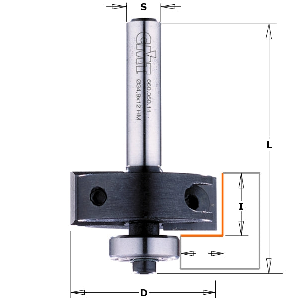 CMT 660.351.11 Insert Carbide Rabbeting Bit, 3/8-Inch Cutting Depth, 1-3/8-Inch Diameter, 1/4-Inch Shank - Ace Tool Group - CMT