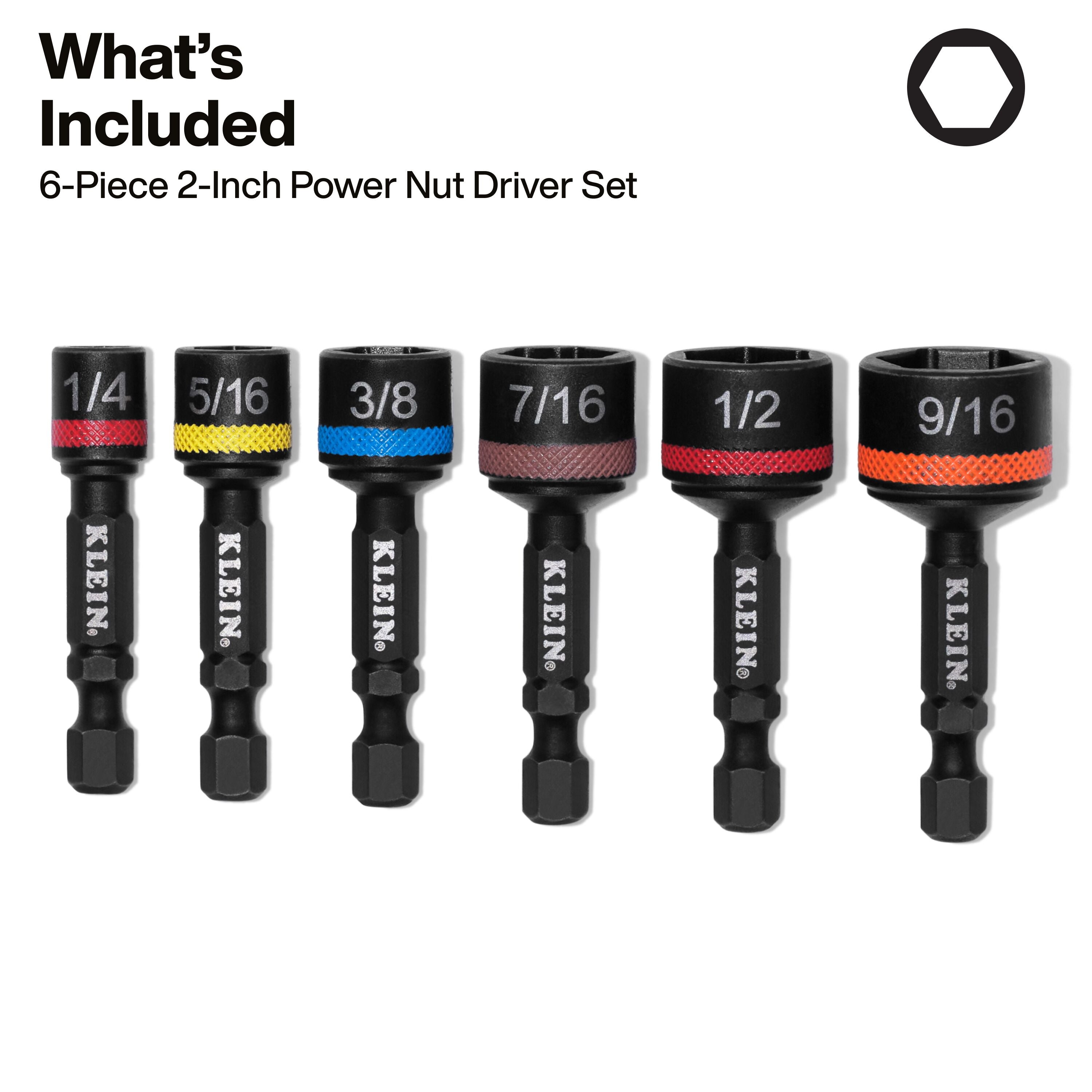 Klein KLE-32926S Magnetic Power Nut Setters, 2-Inch Shaft, 6-Piece SAE - Ace Tool Group - Klein Tools