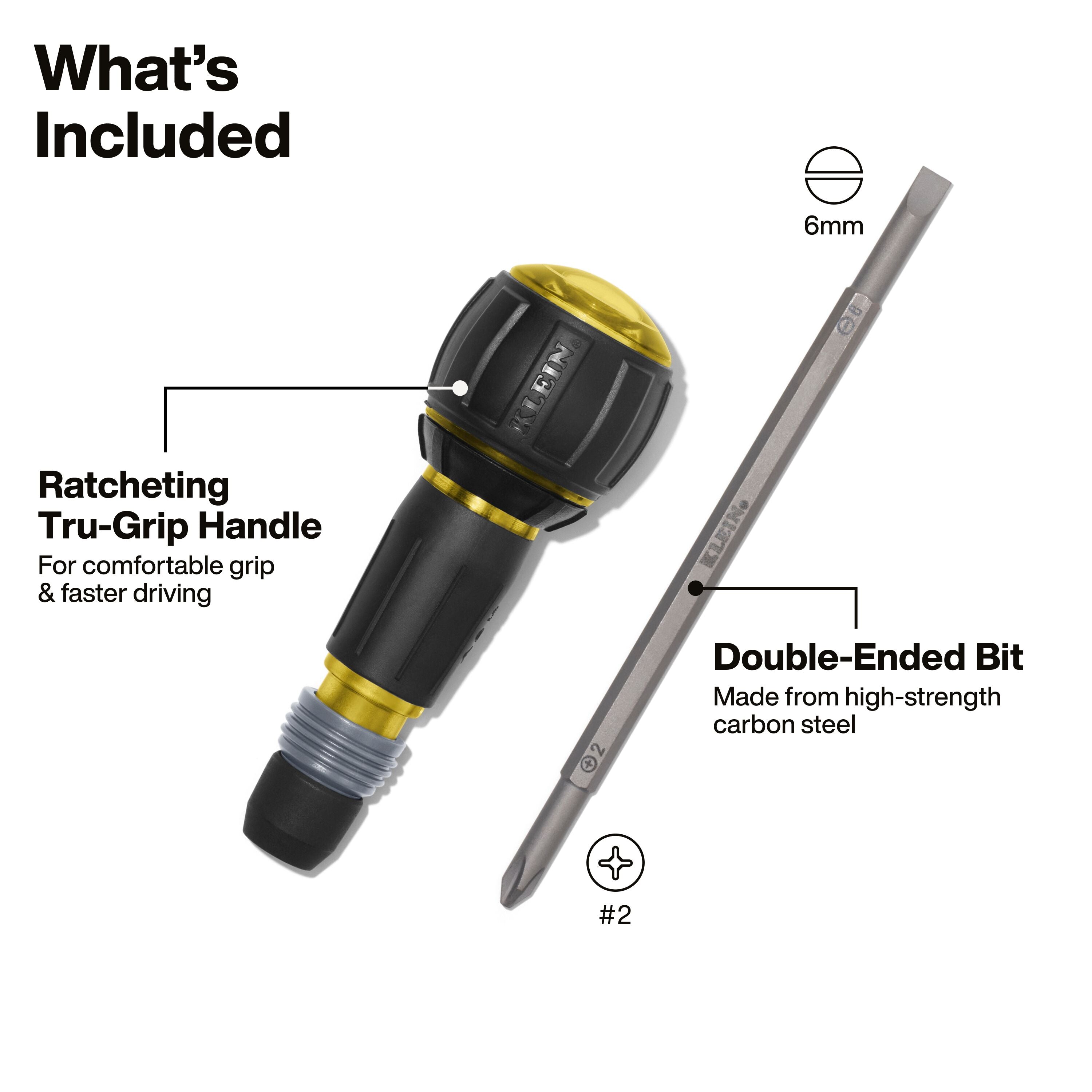 Klein Ratcheting Fastbit Tru-Grip Screwdriver, Phillips, Slotted Bits - Ace Tool Group - KLEIN