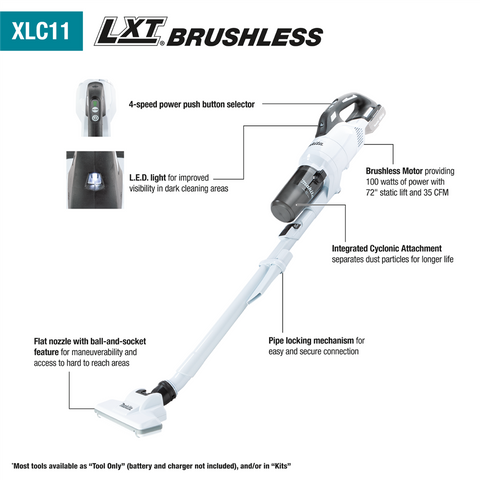 18V LXT Lithium-ion Compact Brushless Cordless Cyclonic 4-Speed Stick Vacuum Kit, with one battery (2.0Ah) - Ace Tool Group - Makita