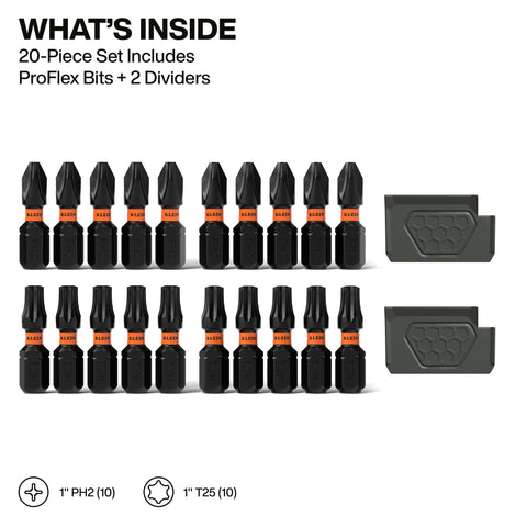 Klein 33001S Proflex Impact-Rated Bit Set, Phillips #2 and TORX® #25, 20-Piece - Ace Tool Group - Ace Tool Group