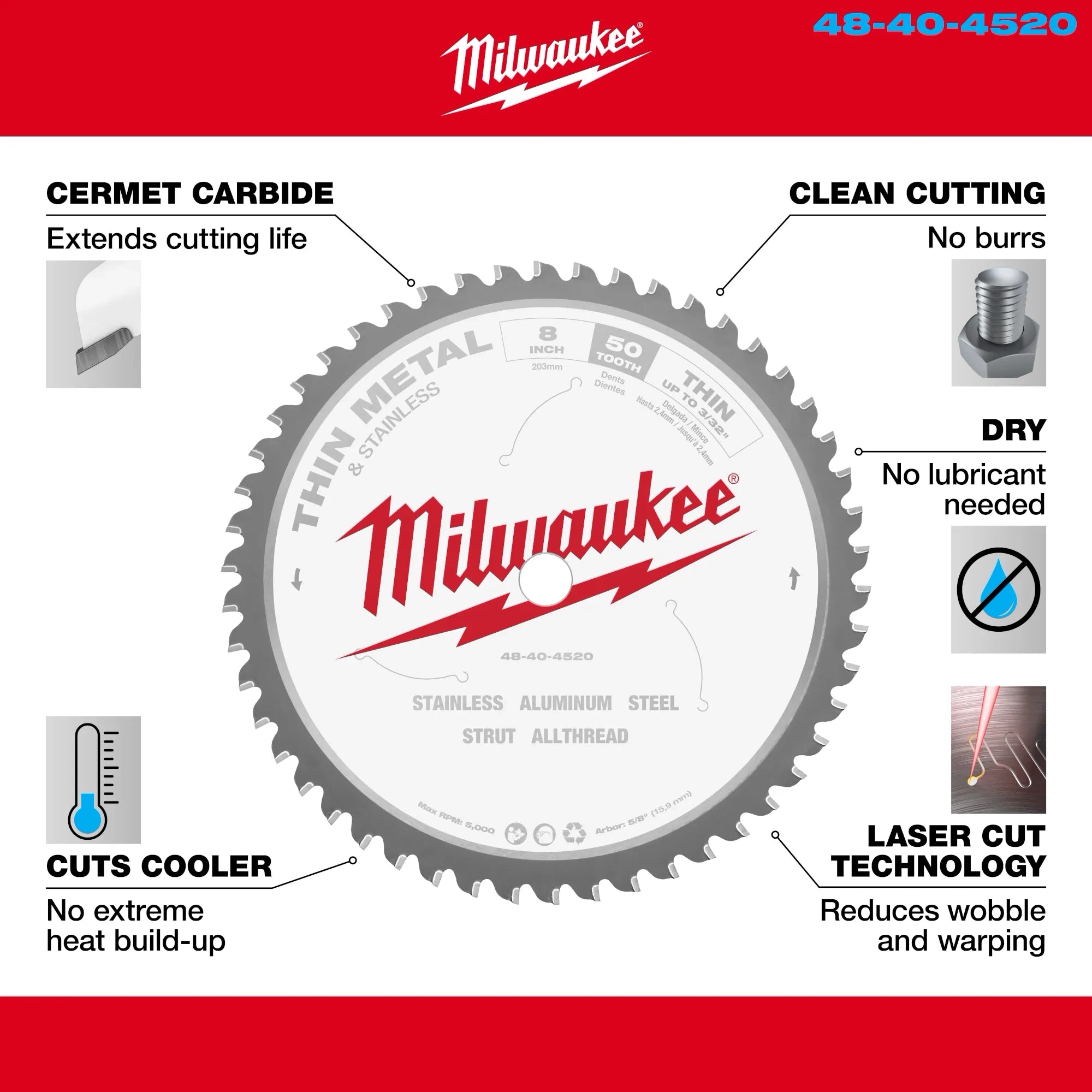 Milwaukee 48-40-4520 8" 50T METAL & STAINLESS CSB, 5/8" - Ace Tool Group - Milwaukee