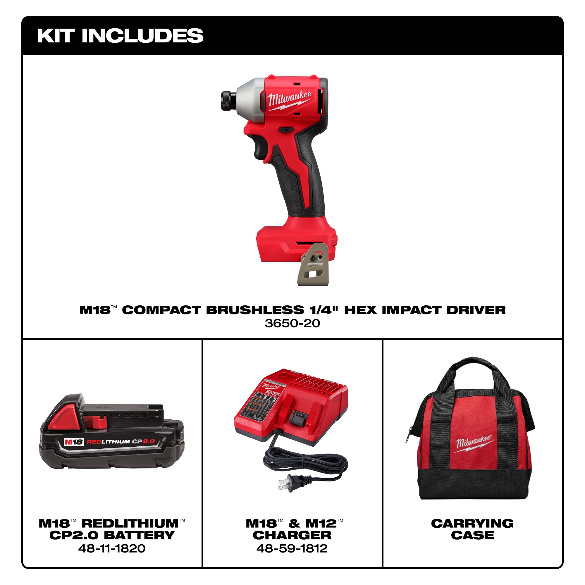 Milwaukee 3650-21CT M18™ Compact Brushless 1/4" Hex Impact Driver Kit - Ace Tool Group - Milwaukee Tool
