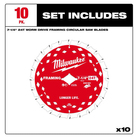 Milwaukee 48-41-0723 7-1/4 in. 24T Worm Drive Framing Circular Saw Blade 10 Pack - Ace Tool Group - Milwaukee