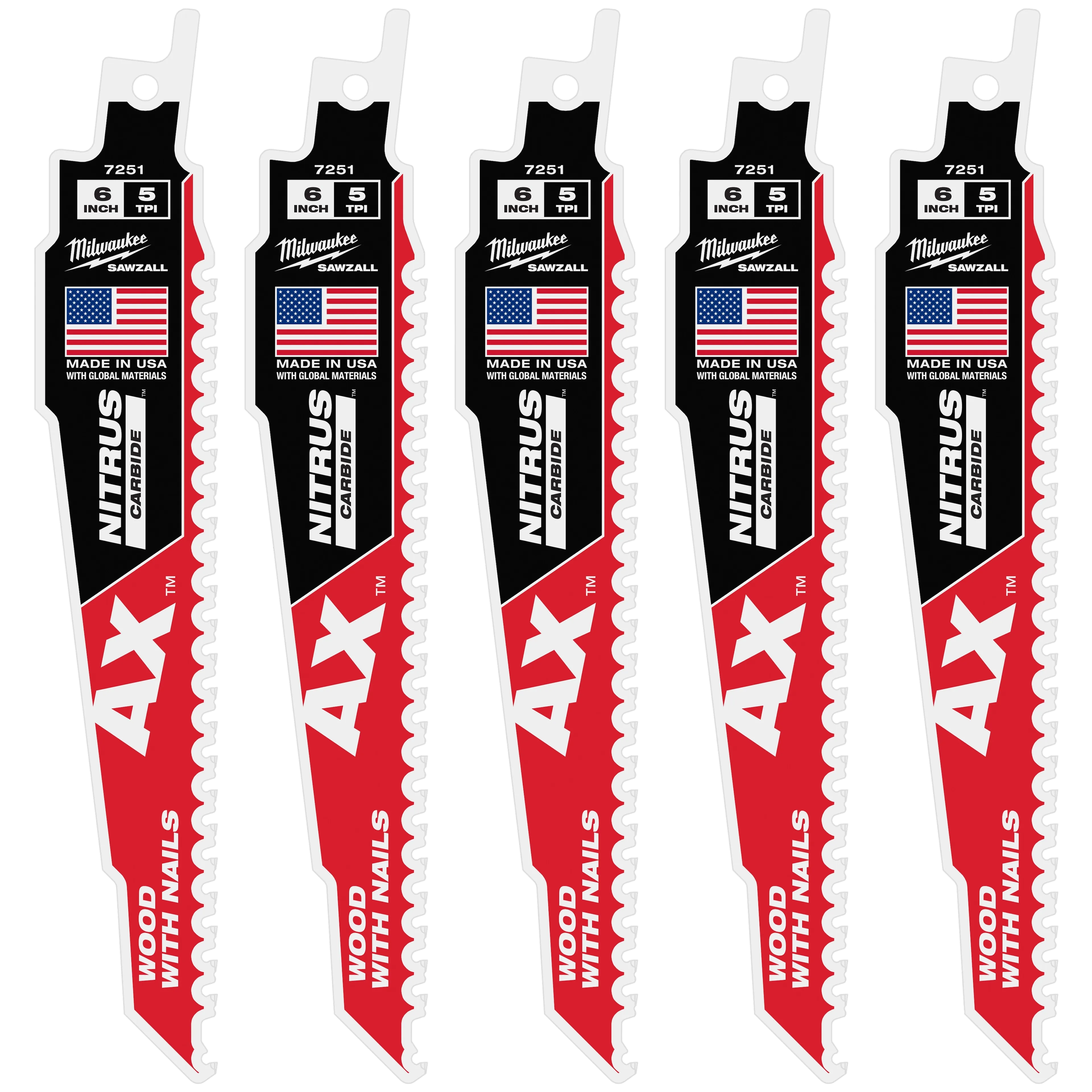Milwaukee 48-00-7551 6" 5 TPI AX™ w/NITRUS™ Carbide Teeth SAWZALL® Blade for Wood with Nails 5PK - Ace Tool Group - Milwaukee