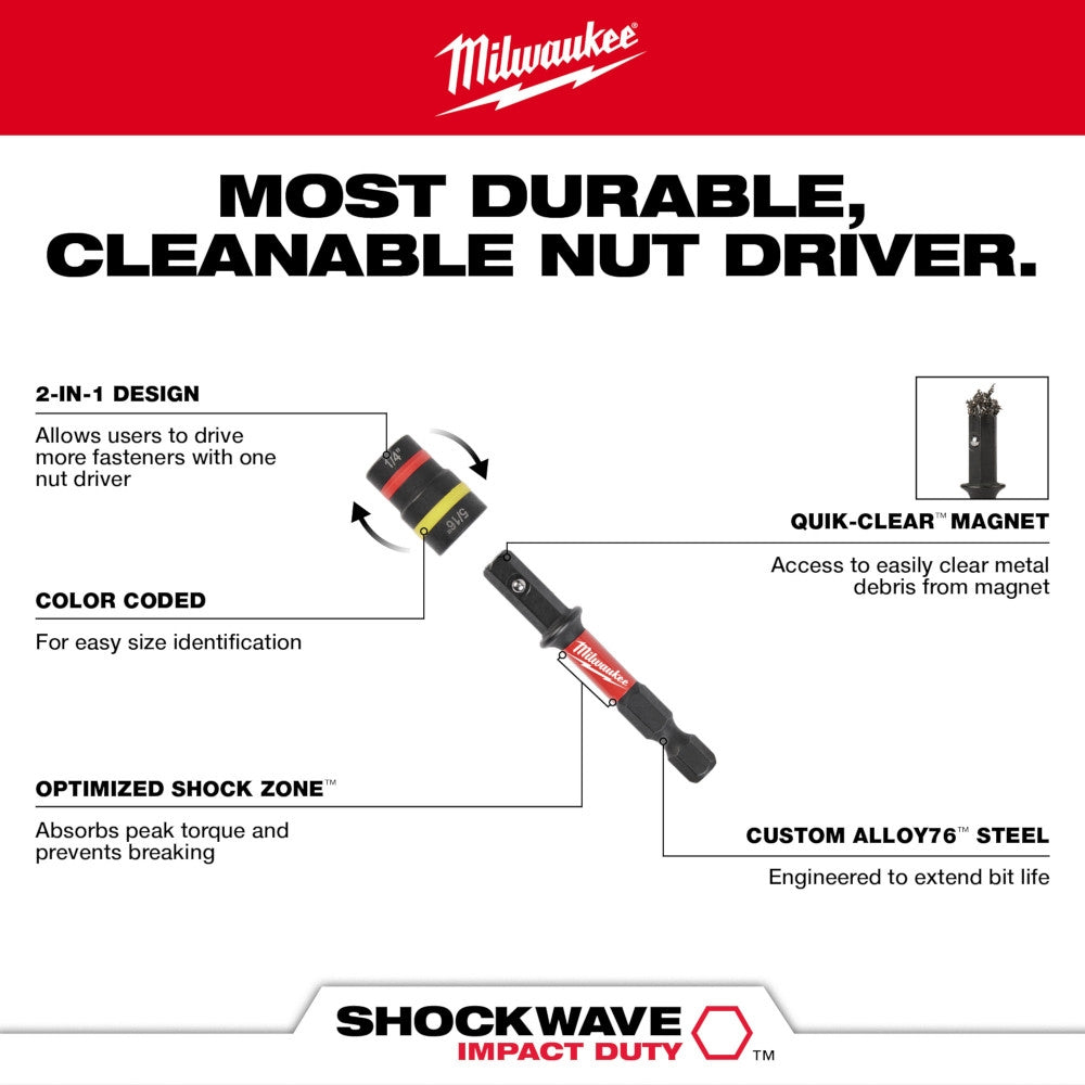 Milwaukee SHOCKWAVE Impact Duty1/4" and 5/16" x 2-1/4" QUIK-CLEAR2-in-1 Magnetic Nut Driver BULK 25 - Ace Tool Group - Milwaukee