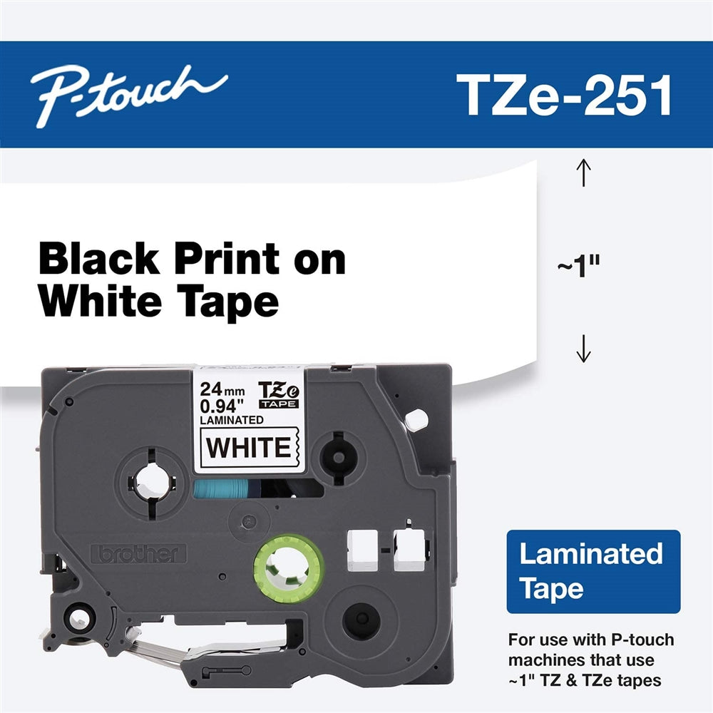 P-Touch TZE-251 Black on White Laminated Tape - 26 ft. - Ace Tool Group - Ace Tool Group