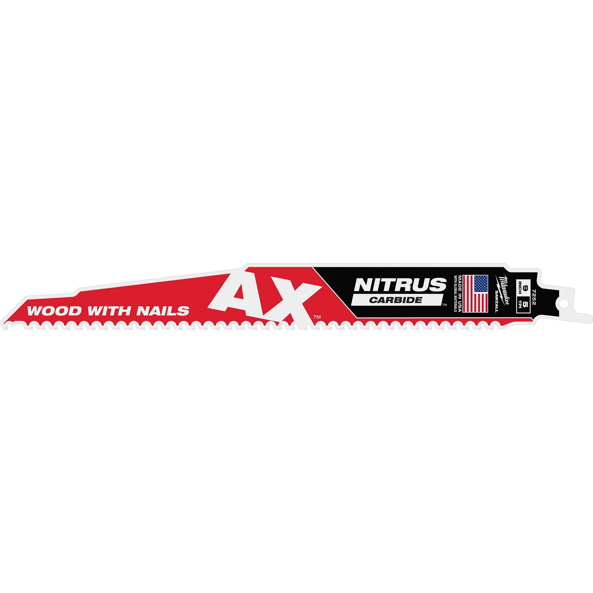 Milwaukee 48-00-7252 9" 5 TPI AX™ w/NITRUS™ Carbide Teeth SAWZALL® Blade for Wood with Nails - Ace Tool Group - Milwaukee Tool