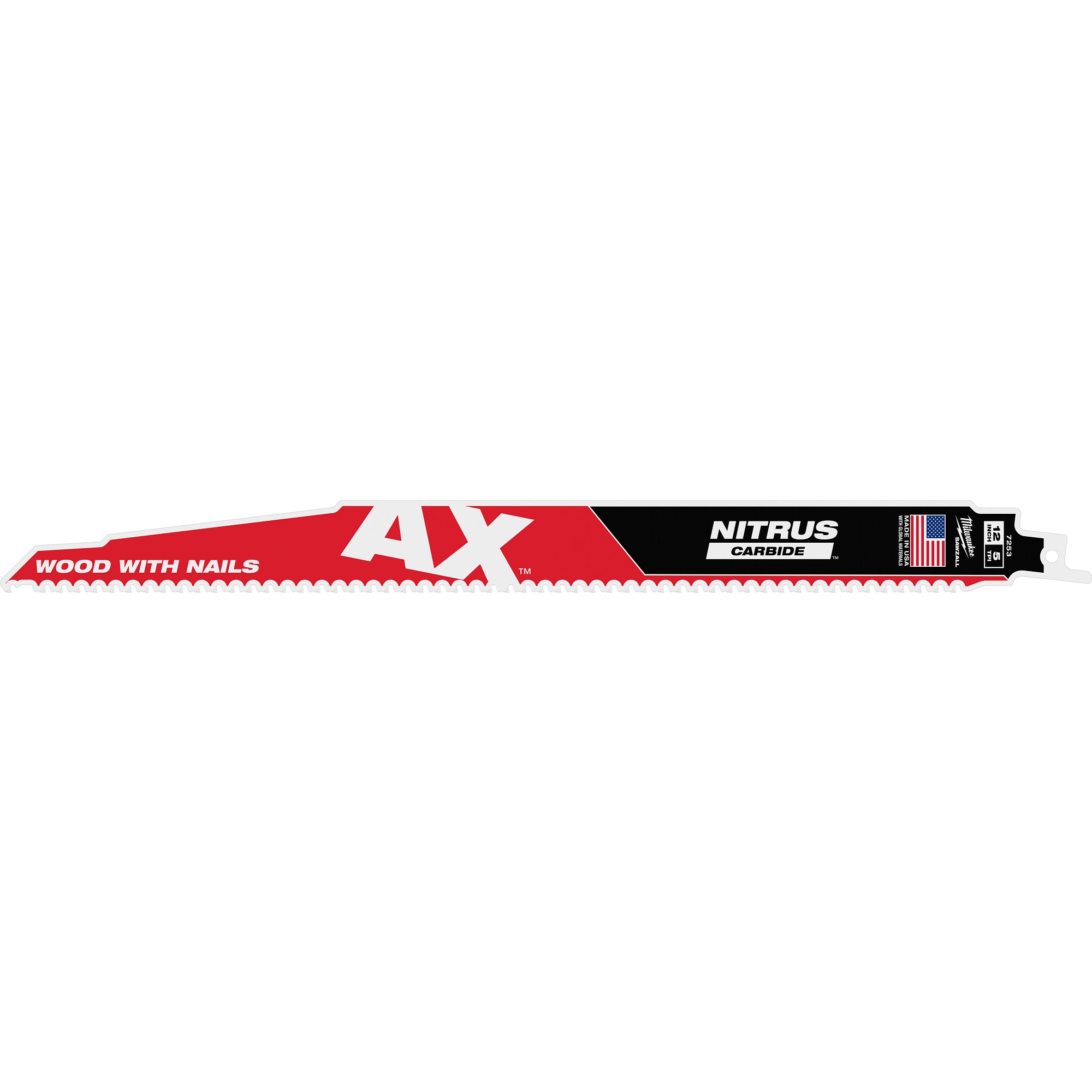 Milwaukee 48-00-7253 12" 5 TPI AX™ w/NITRUS™ Carbide Teeth SAWZALL® Blade for Wood with Nails - Ace Tool Group - Milwaukee Tool