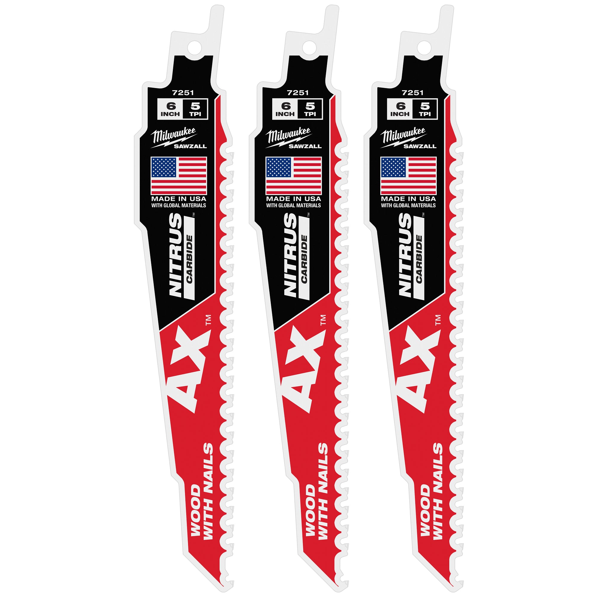 Milwaukee 48-00-7351 6" 5 TPI AX™ w/NITRUS™ Carbide Teeth SAWZALL® Blade for Wood with Nails 3PK - Ace Tool Group - Milwaukee Tool