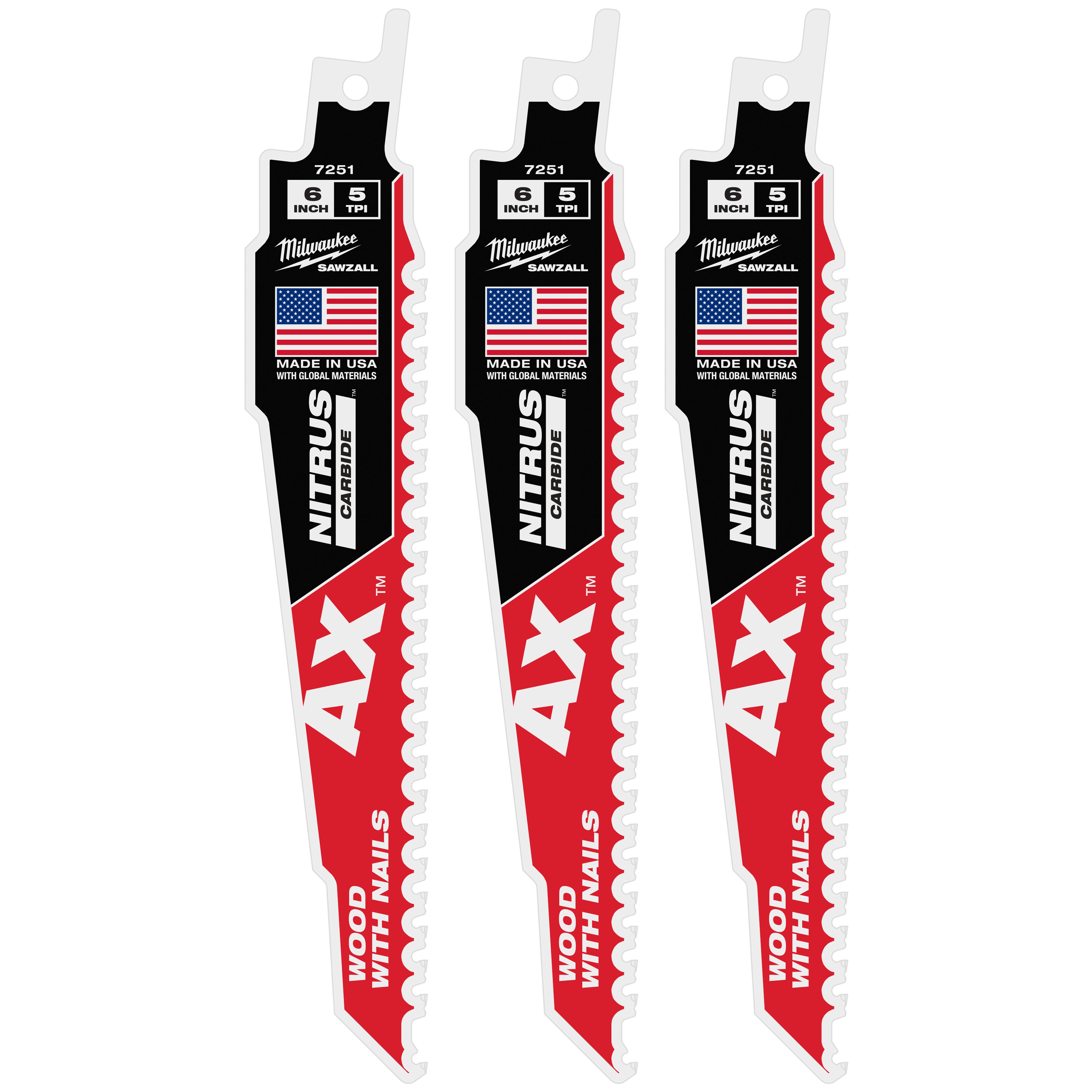 Milwaukee 48-00-7351 6" 5 TPI AX™ w/NITRUS™ Carbide Teeth SAWZALL® Blade for Wood with Nails 3PK - Ace Tool Group - Milwaukee Tool