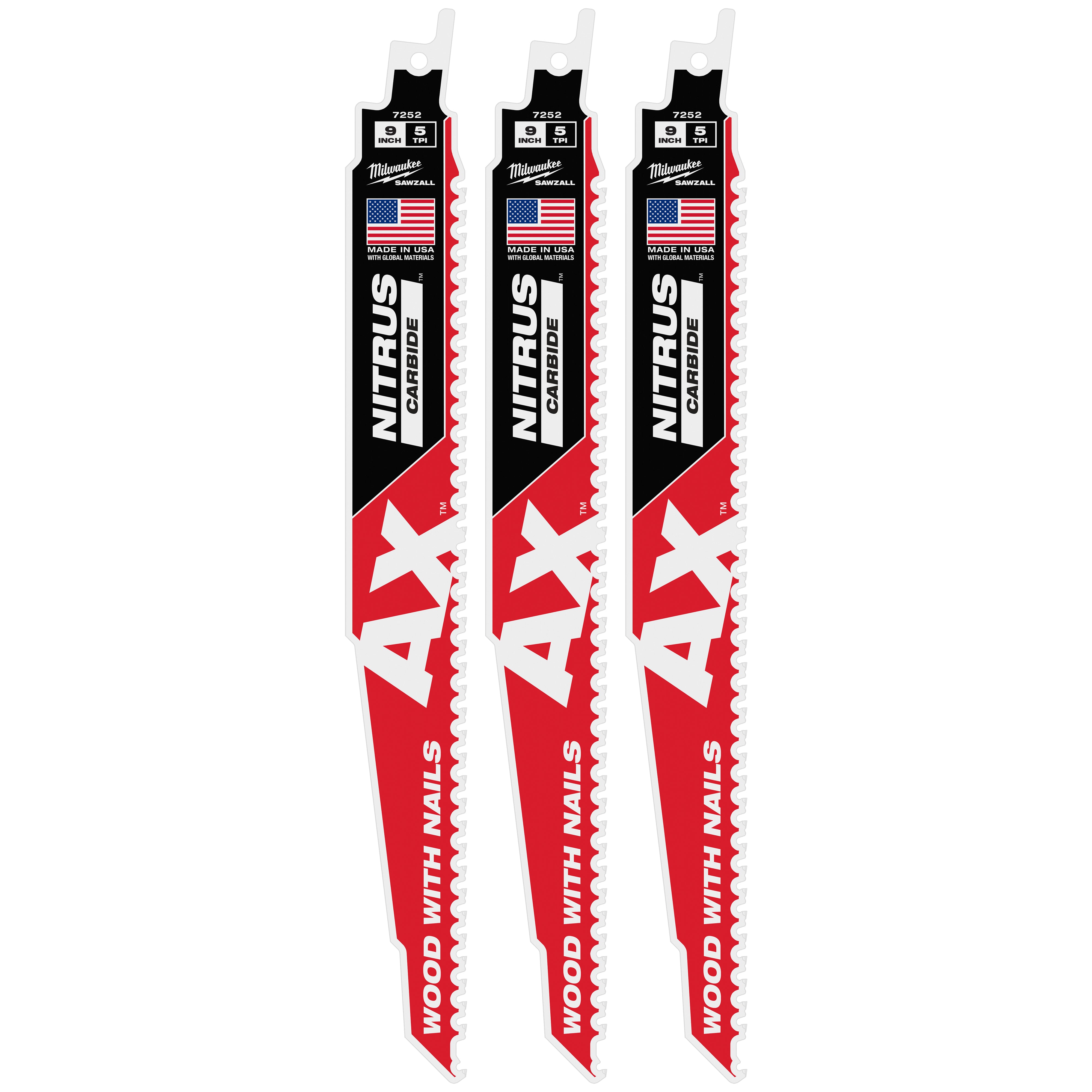 Milwaukee 48-00-7352 9" 5 TPI AX™ w/NITRUS™ Carbide Teeth SAWZALL® Blade for Wood with Nails 3PK - Ace Tool Group - Milwaukee Tool
