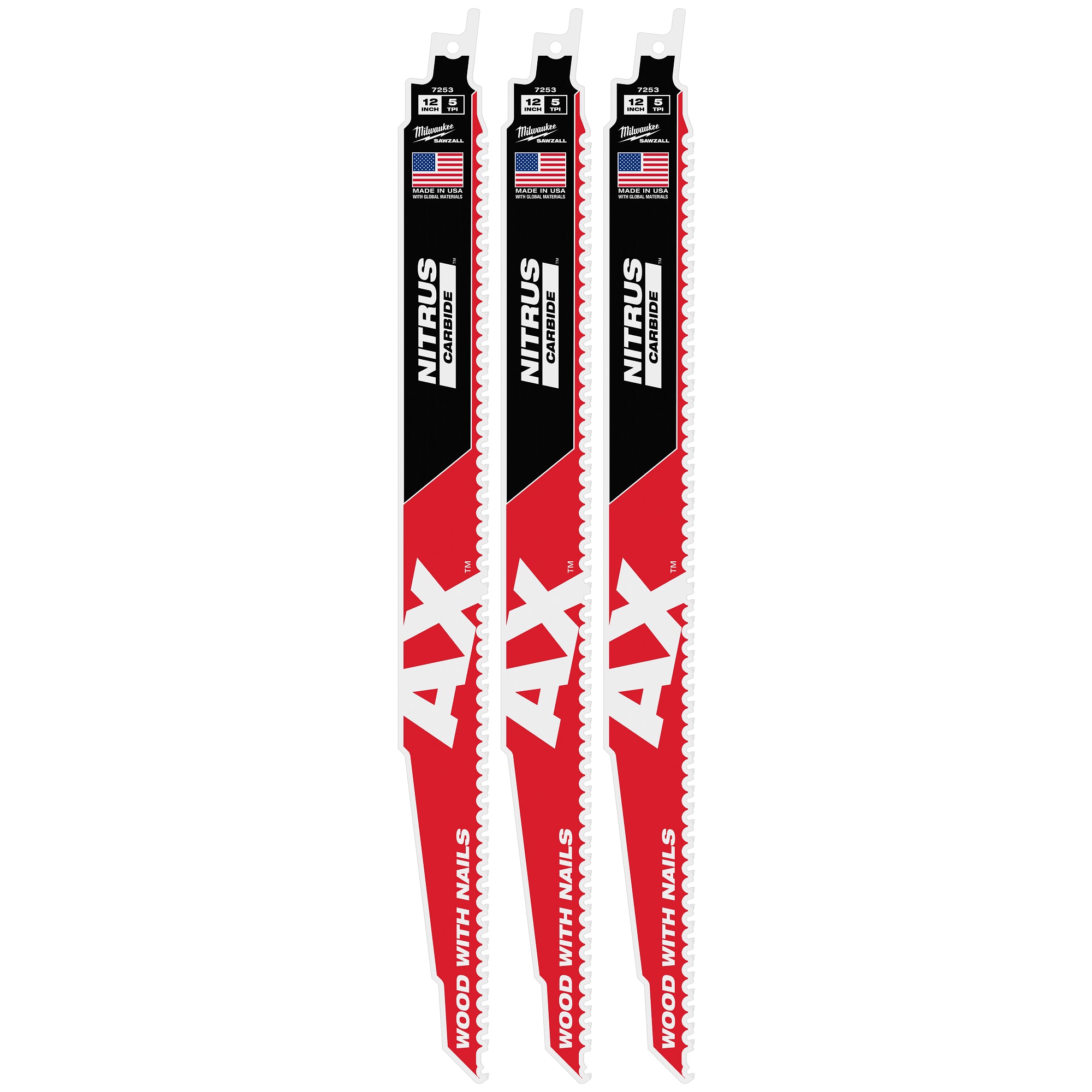 Milwaukee 48-00-7353 12" 5 TPI AX™ w/NITRUS™ Carbide Teeth SAWZALL® Blade for Wood with Nails 3PK - Ace Tool Group - Milwaukee Tool
