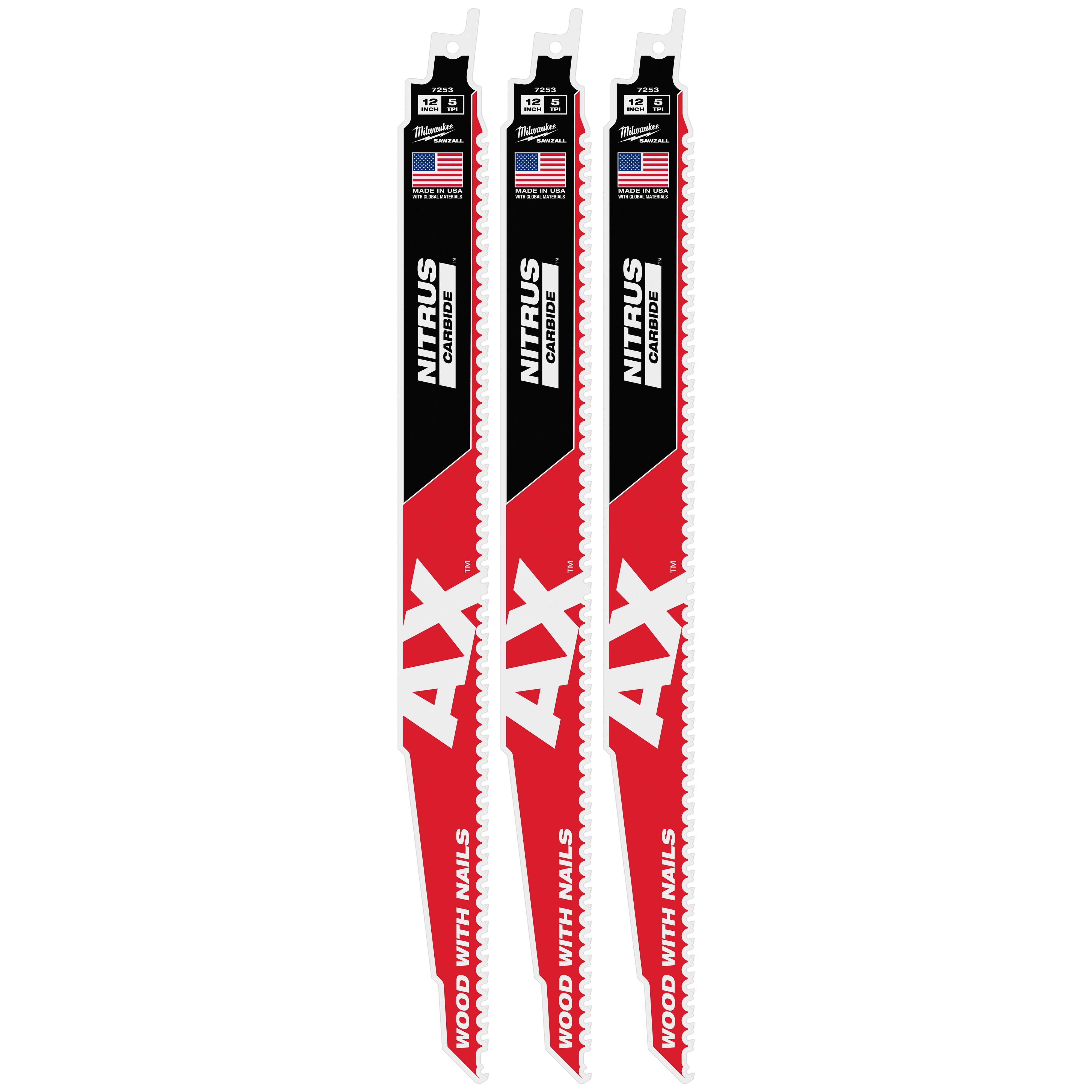 Milwaukee 48-00-7353 12" 5 TPI AX™ w/NITRUS™ Carbide Teeth SAWZALL® Blade for Wood with Nails 3PK - Ace Tool Group - Milwaukee Tool