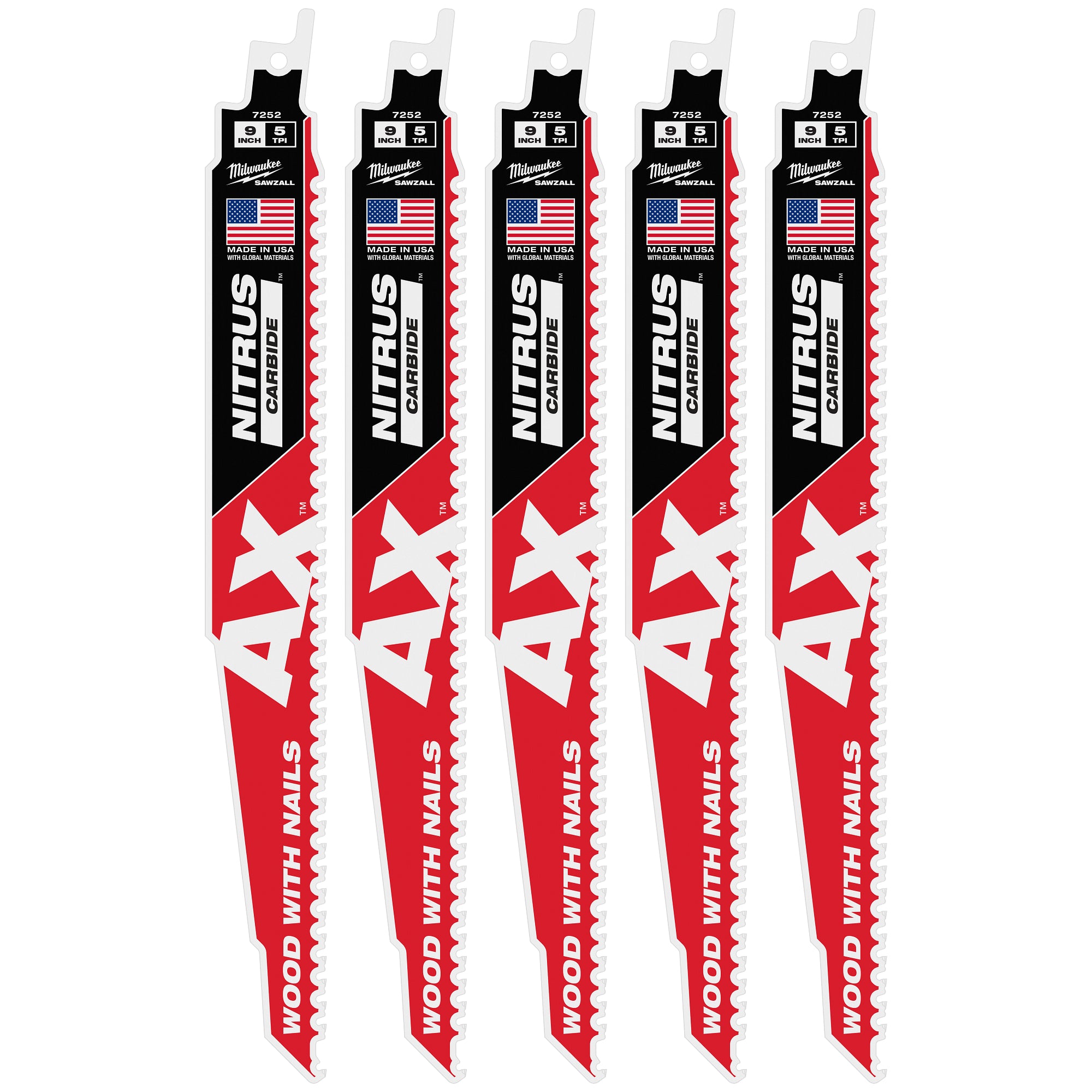 Milwaukee 48-00-7552 9" 5 TPI AX™ w/NITRUS™ Carbide Teeth SAWZALL® Blade for Wood with Nails 5PK - Ace Tool Group - Milwaukee Tool