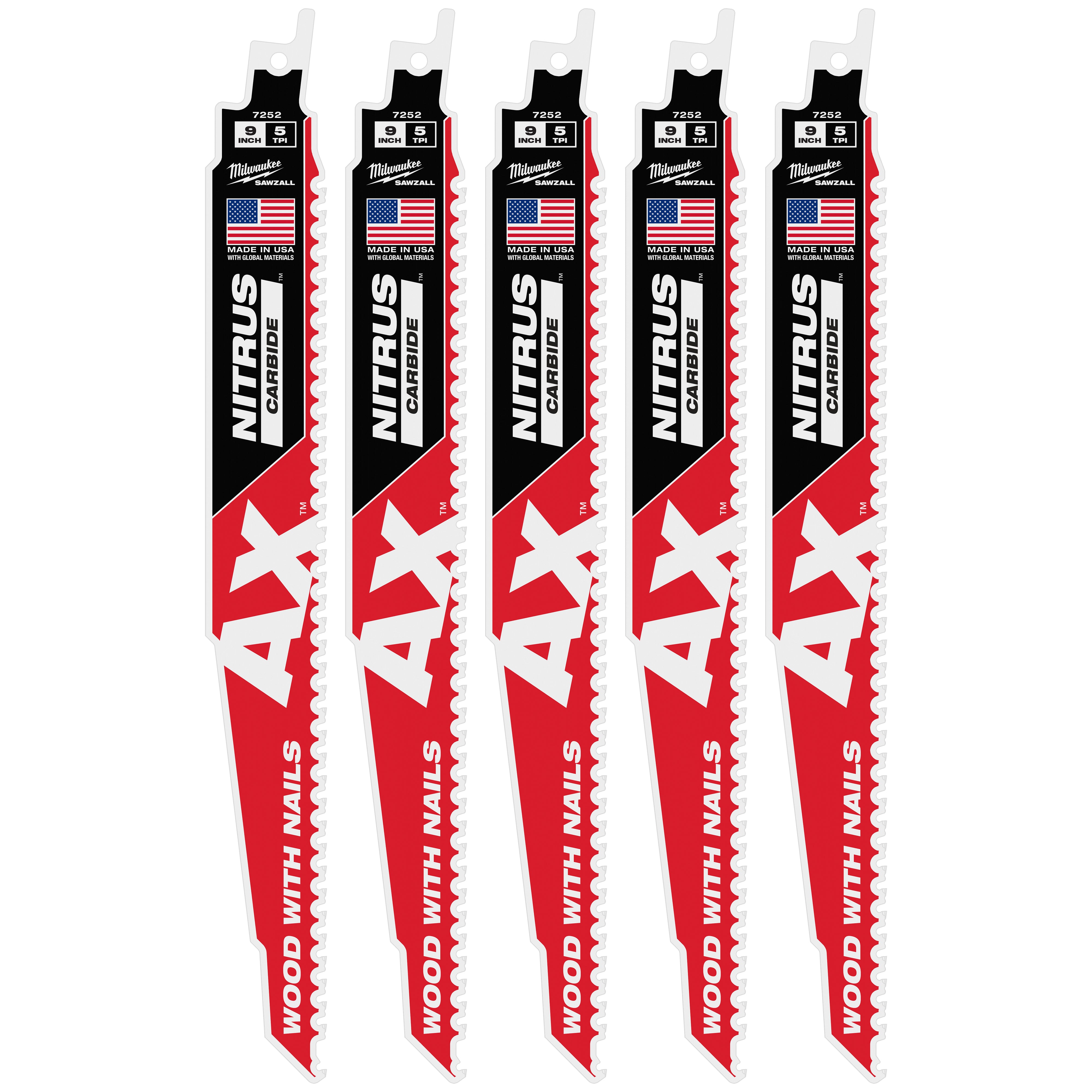 Milwaukee 48-00-7552 9" 5 TPI AX™ w/NITRUS™ Carbide Teeth SAWZALL® Blade for Wood with Nails 5PK - Ace Tool Group - Milwaukee Tool