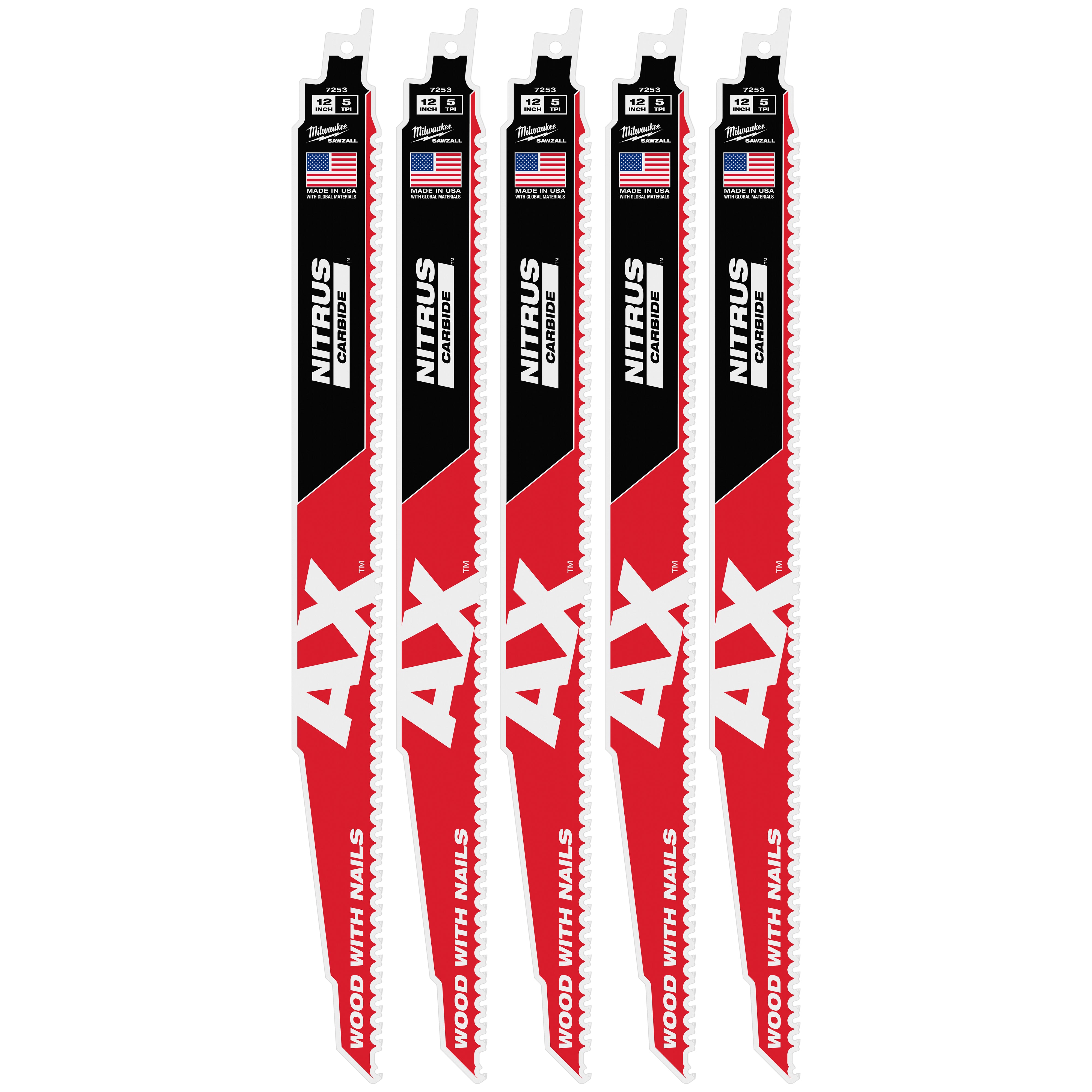 Milwaukee 48-00-7553 12" 5 TPI AX™ w/NITRUS™ Carbide Teeth SAWZALL® Blade for Wood with Nails 5PK - Ace Tool Group - Milwaukee Tool