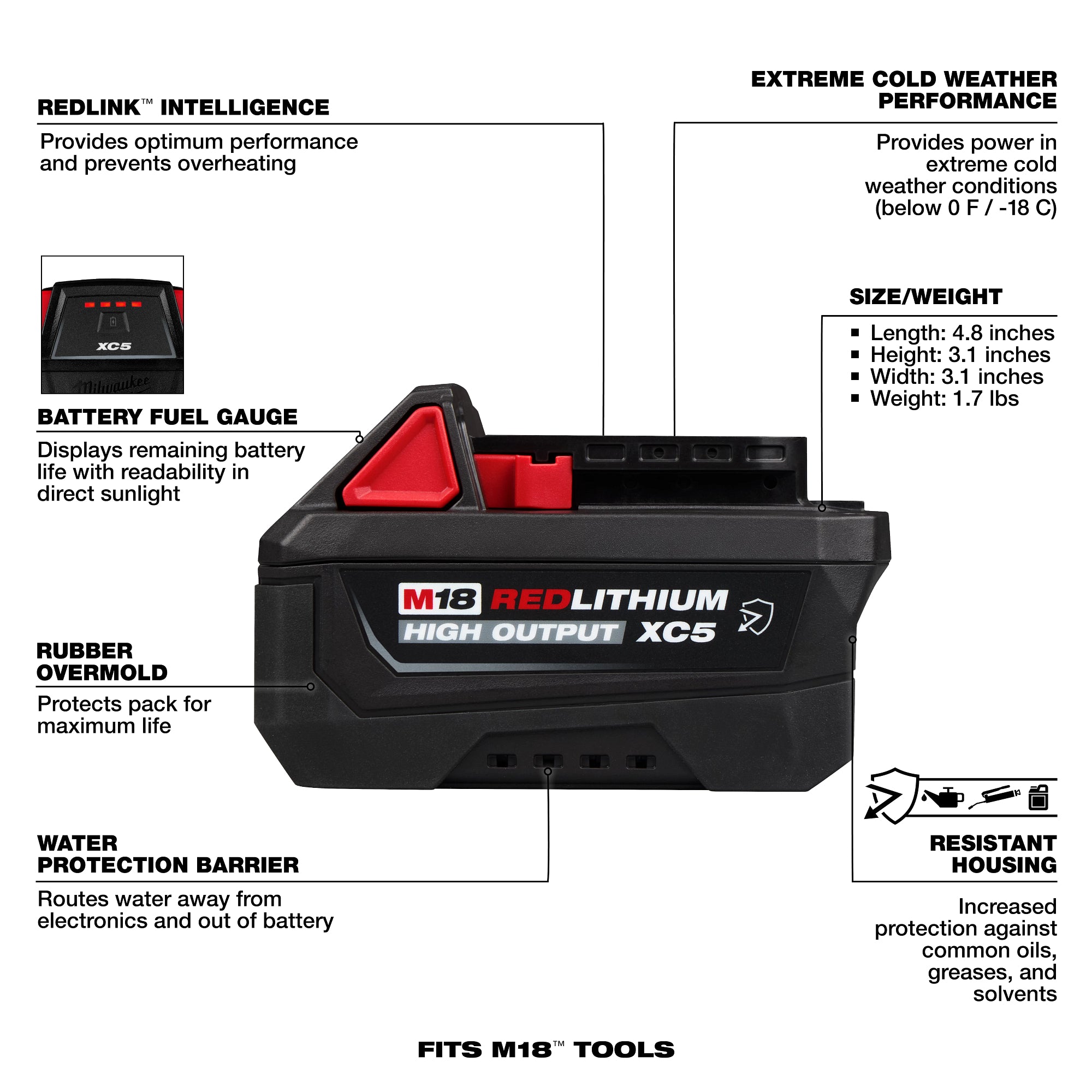 Milwaukee 48-11-1855R M18™ REDLITHIUM™ HIGH OUTPUT™ XC5™ Resistant Battery Pack