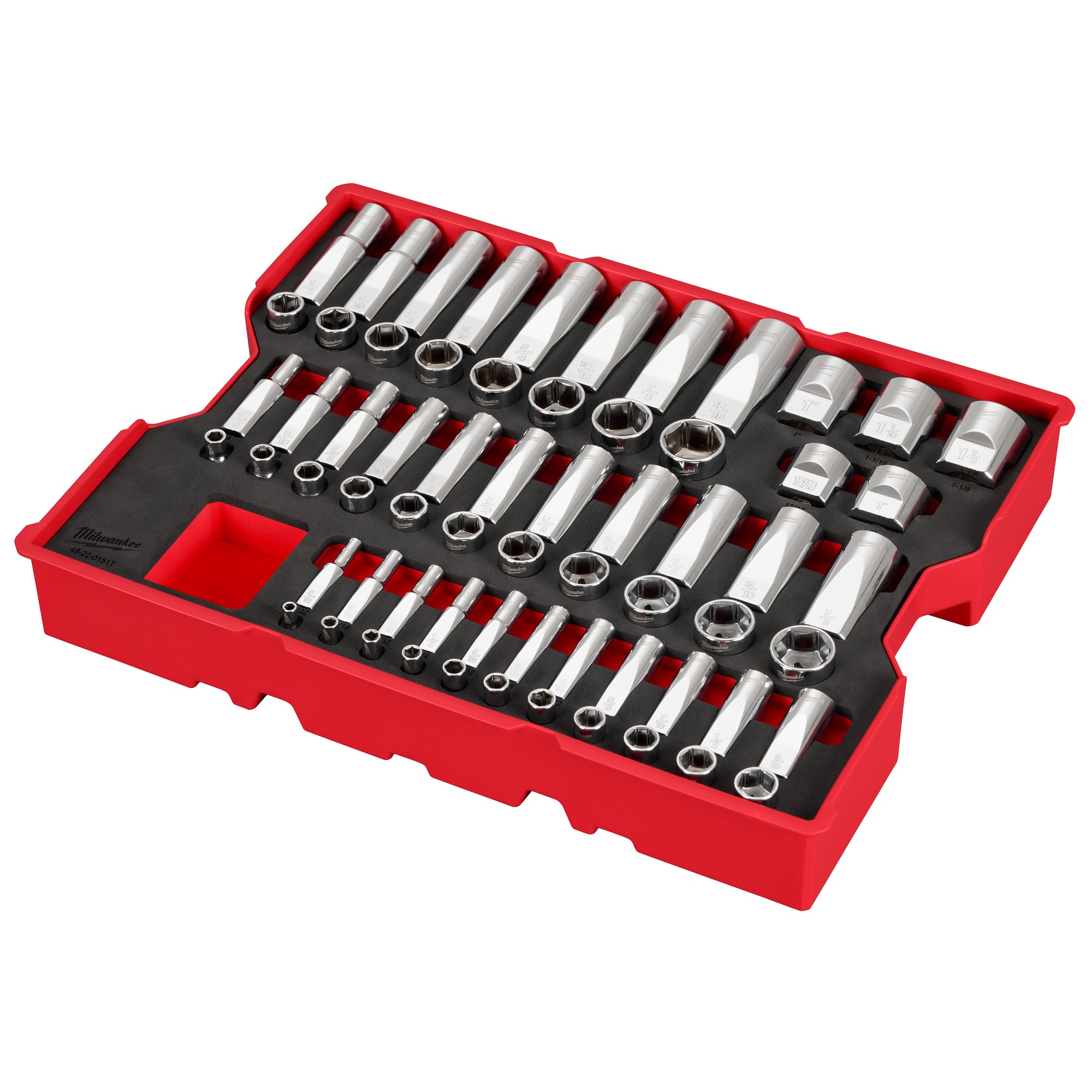Milwaukee 48-22-0151 65 pc. 1/4”, 3/8”, & 1/2” Drive SAE Socket Set with Tray for PACKOUT™ Drawers