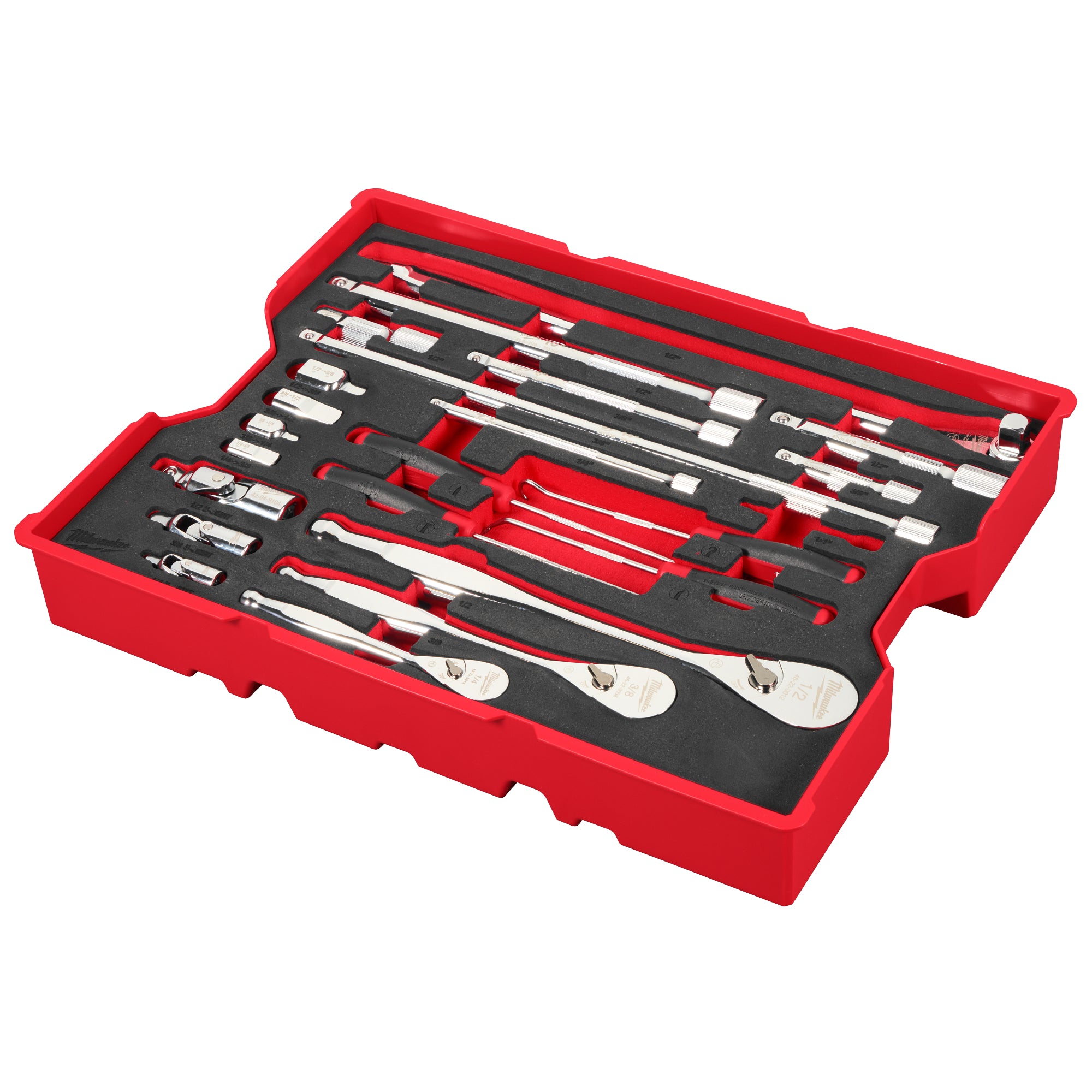 Milwaukee 48-22-0153 23 pc. 1/4”, 3/8”, & 1/2” Drive Ratchet and Accessory Set with Tray for PACKOUT™ Drawers