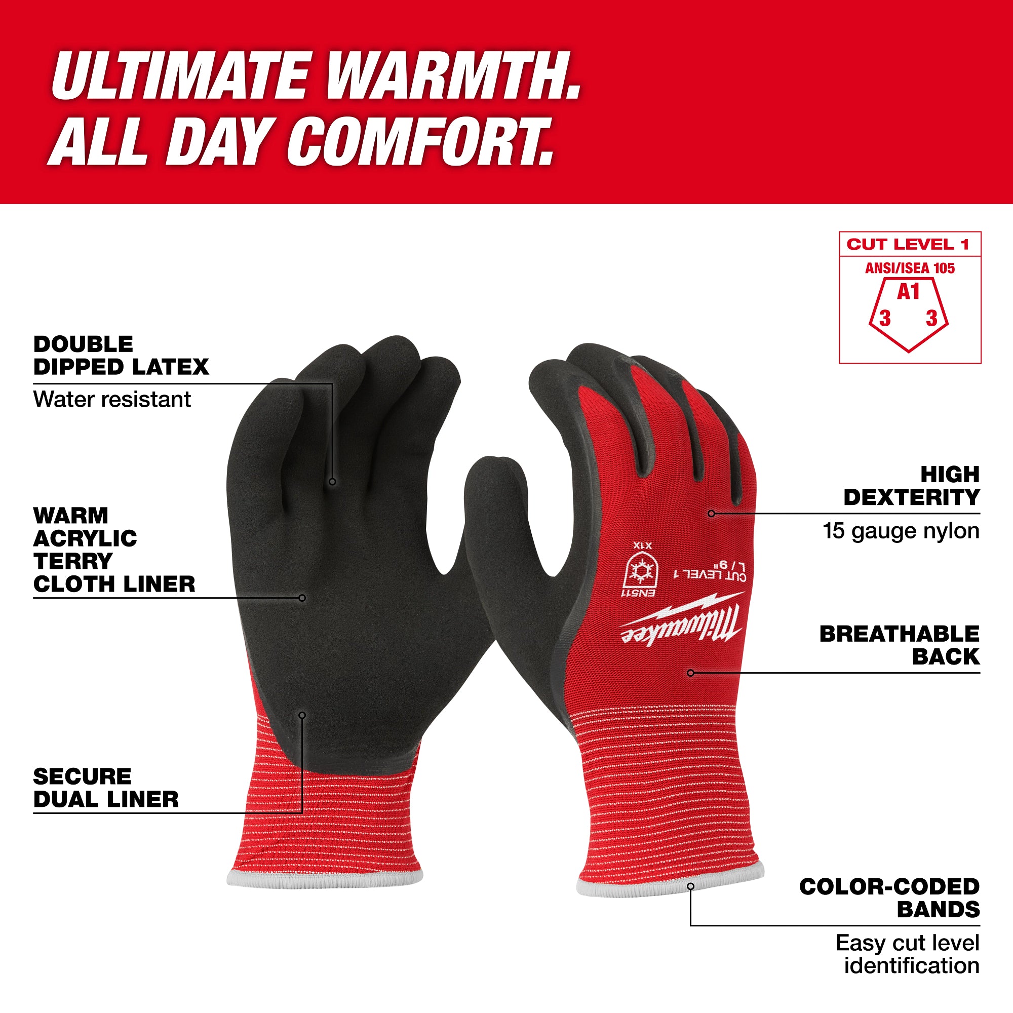 12 Pair Cut Level 1 Winter Insulated Gloves - L