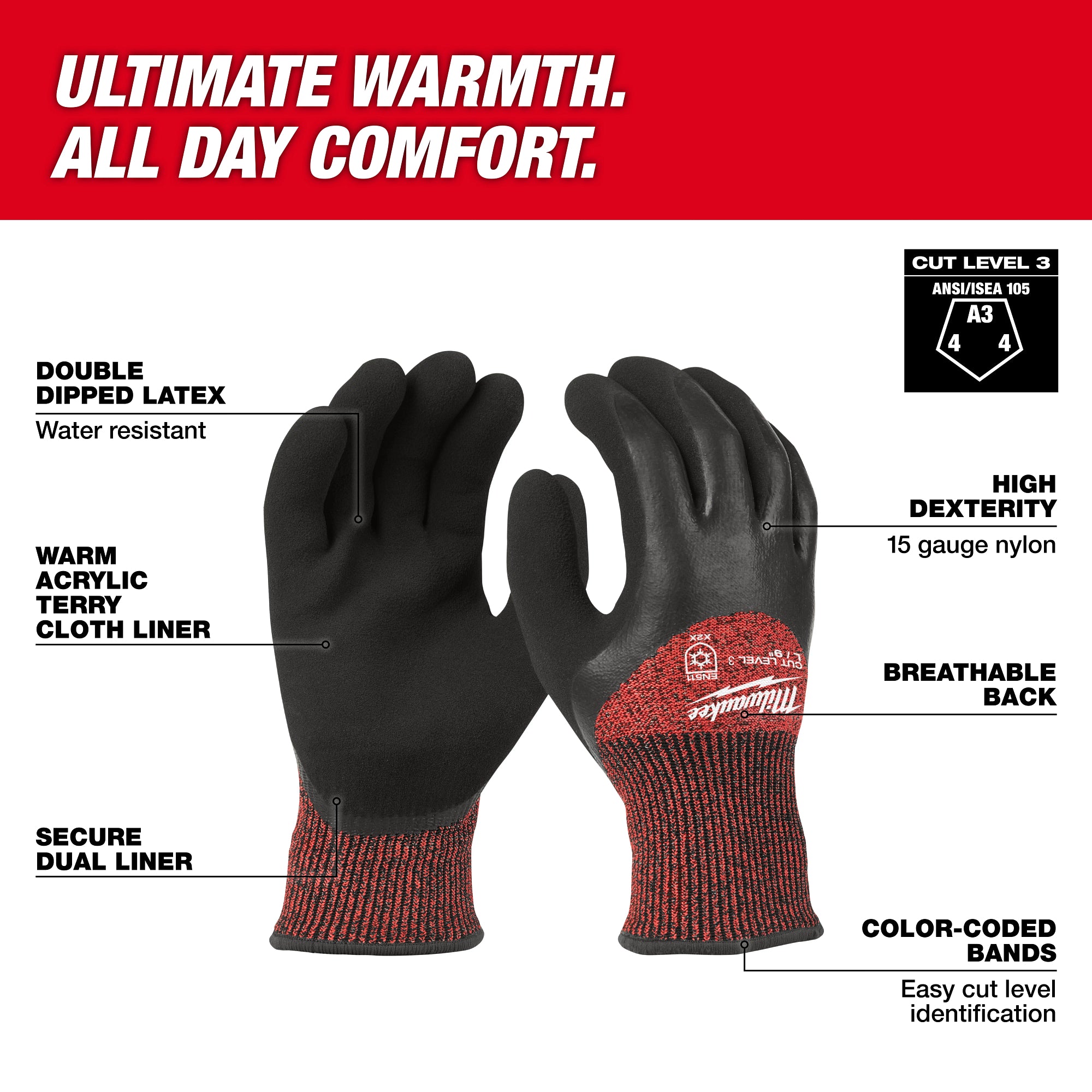 12 Pair Cut Level 3 Winter Insulated Gloves - S